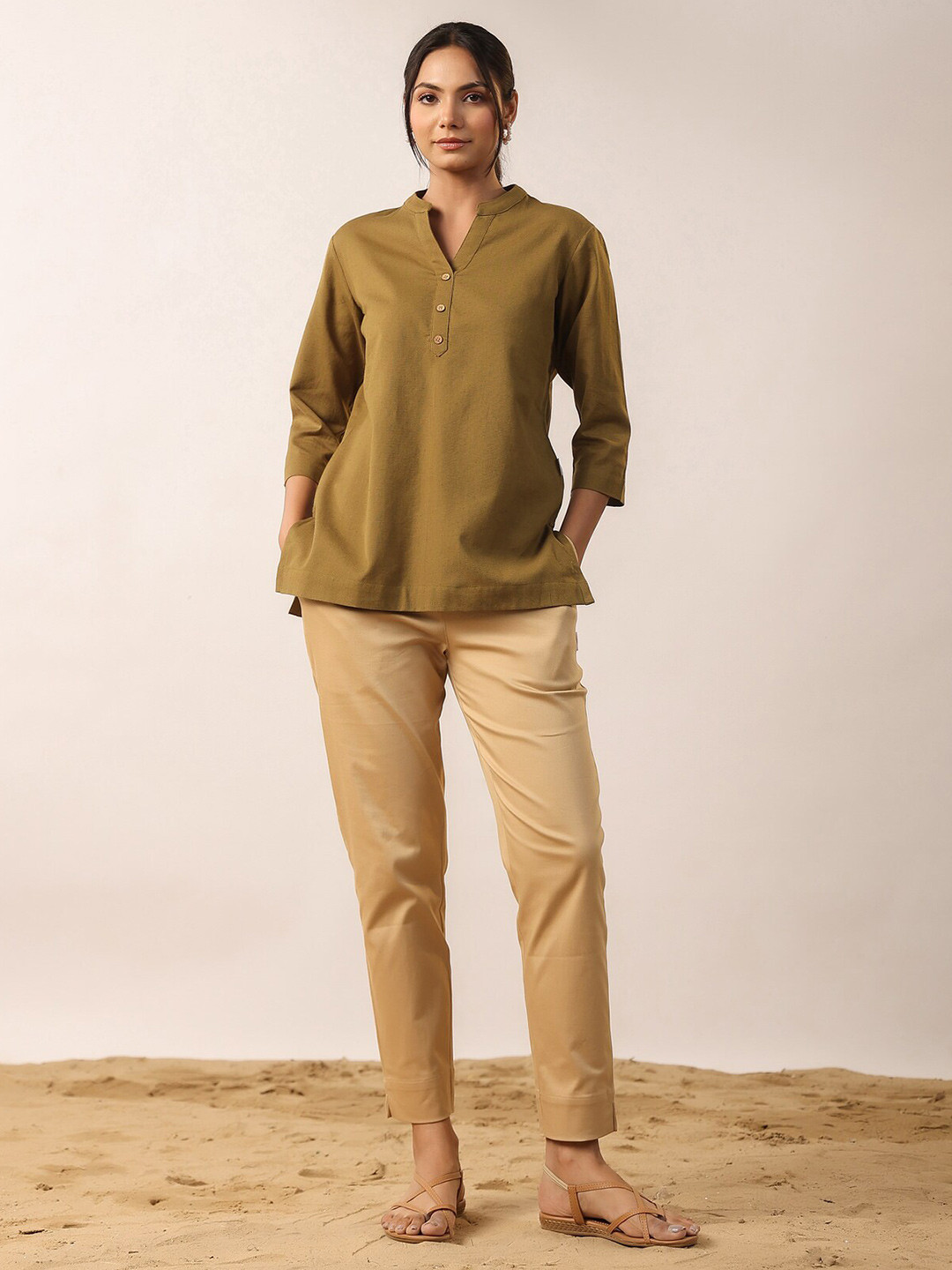 JISORA Solid Green Mandarin Collar Pure Cotton Shirt Style Top