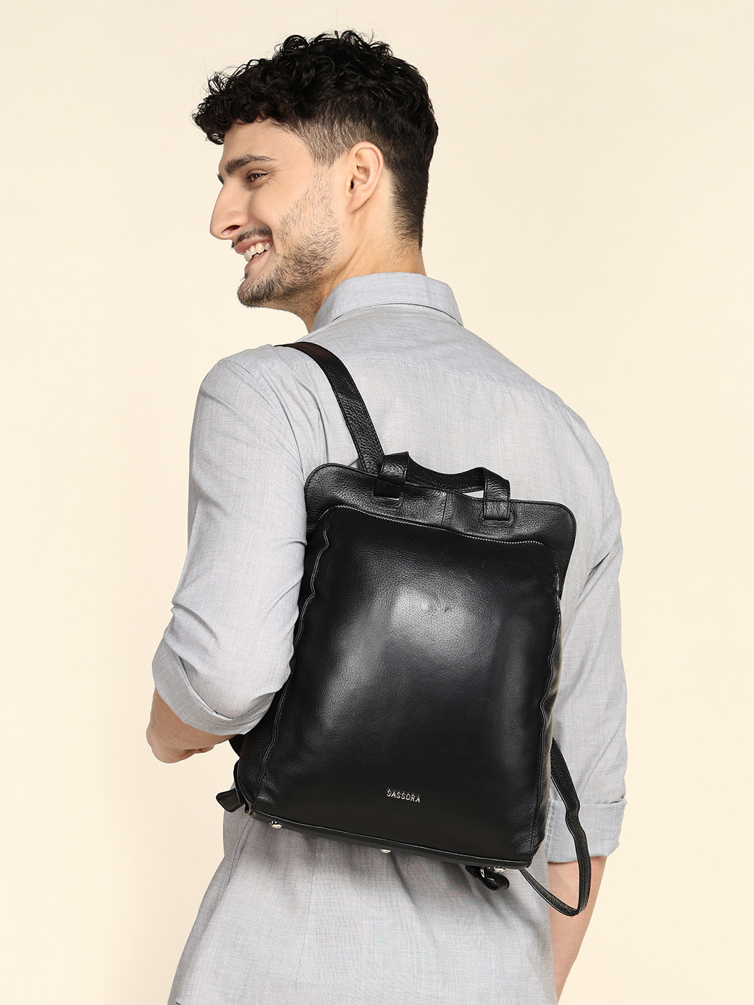 Sassora Unisex Textured Leather Backpack with Compression Straps