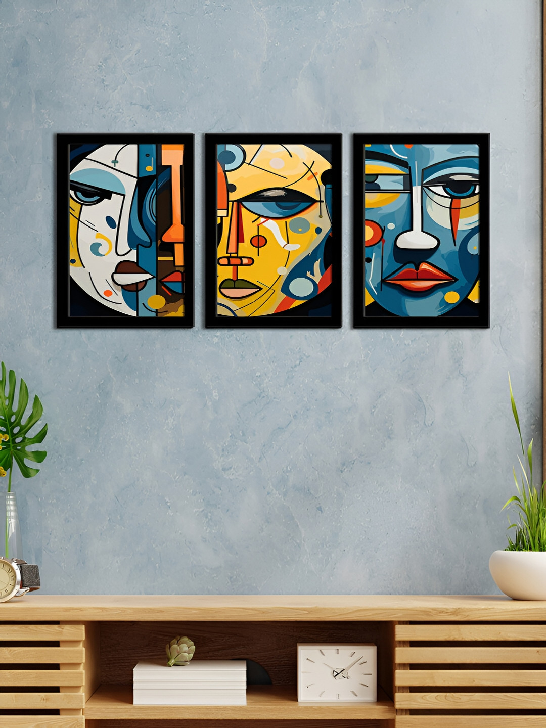WENS Modern Faces Synthetic Wood 3 Piece Wall Rectangle Paintings Wall Art-13.5 x 9.5In