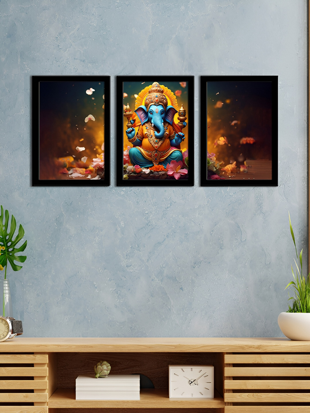WENS Blessing Ganesh Synthetic Wood 3 Piece Rectangle Photographs Wall Art -13.5 x 9.5 In