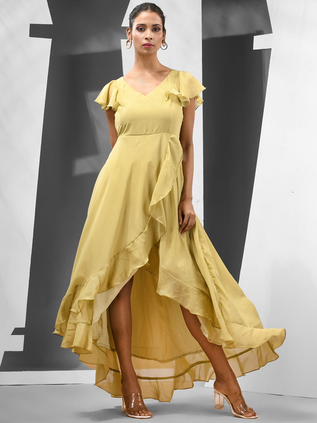 Charukriti Georgette High-Low Fit and Flare Ruffled Ethnic Dress