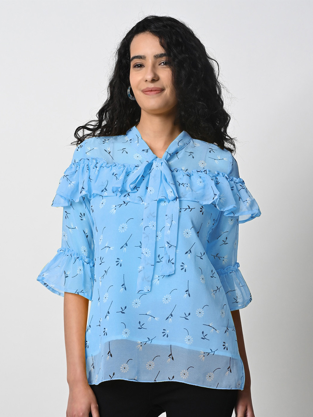 Prettify Print Tie-Up Neck Bell Sleeve Georgette Top
