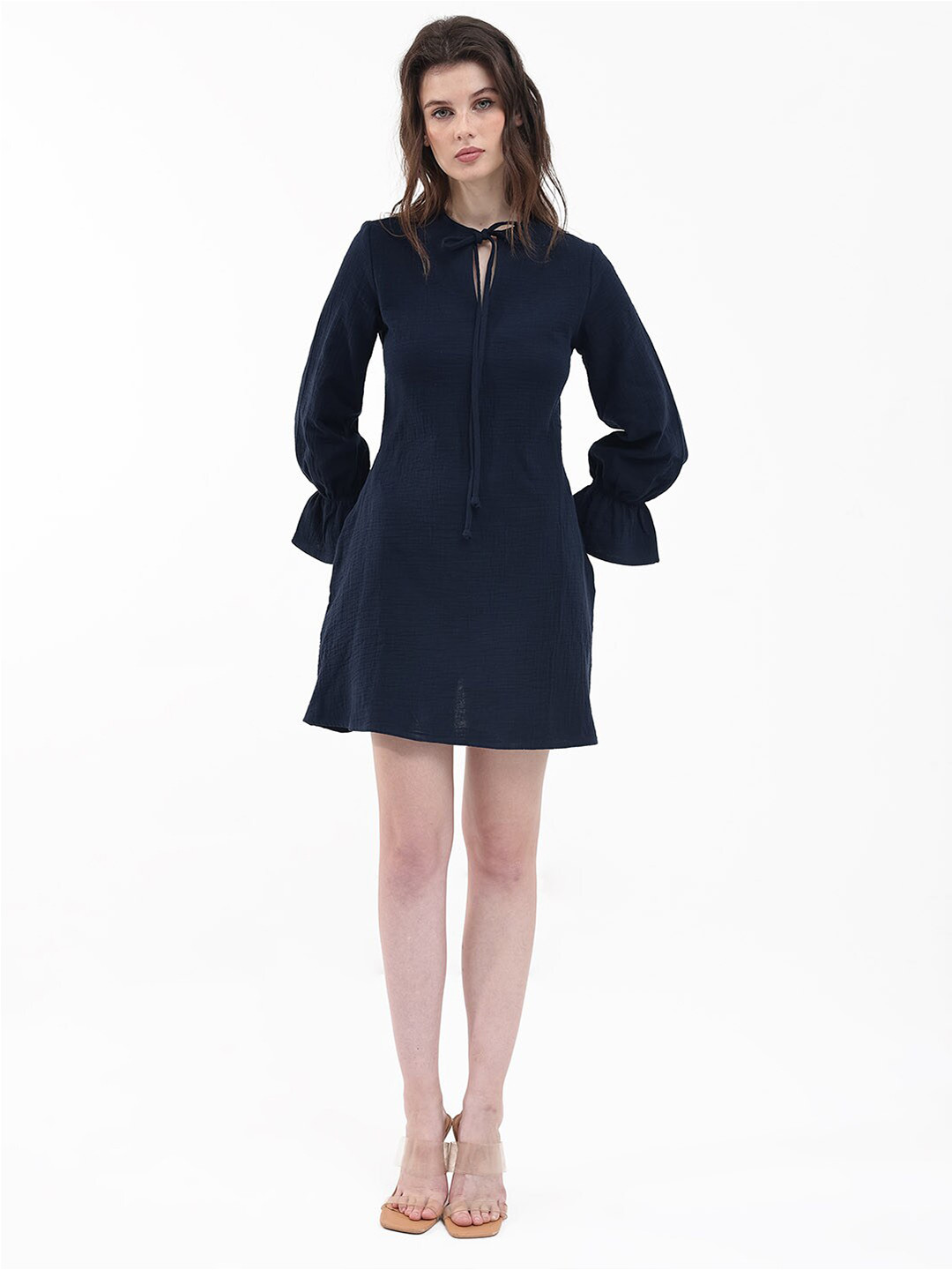 RAREISM Women Navy A-Line Fit Bishop Sleeve Tie-Up Neck Dress