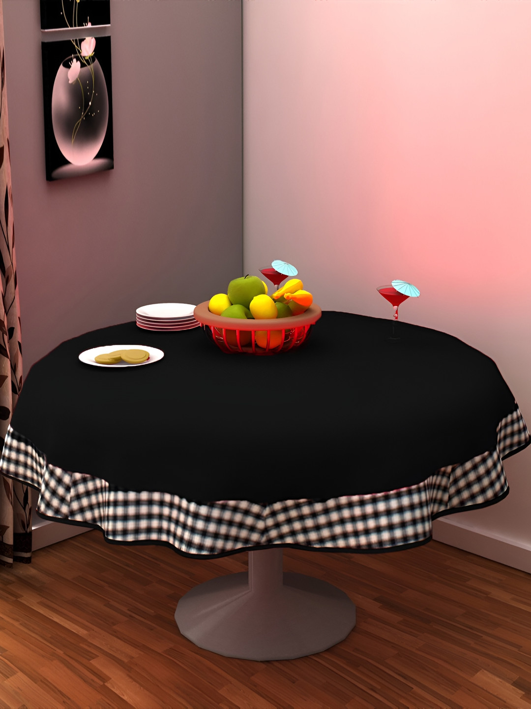 Home Heart Black Cotton Round 6-Seater Table Cover with Patchwork details