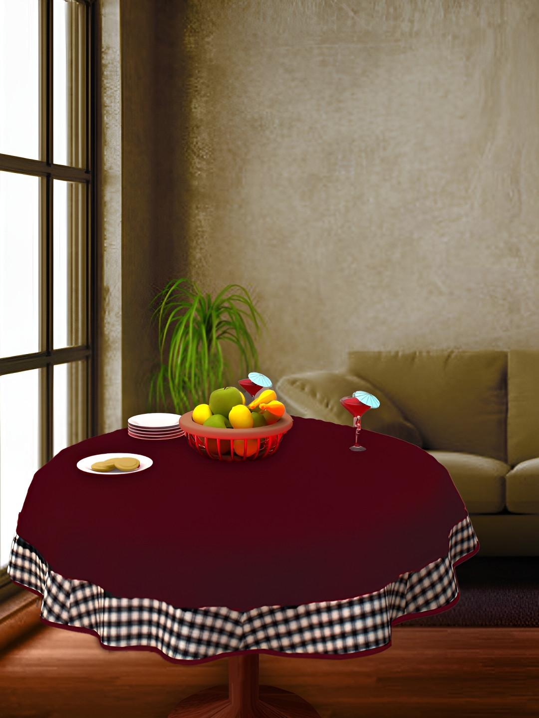 Home Heart Burgundy Cotton Round 2-Seater Table Cover with Patchwork details