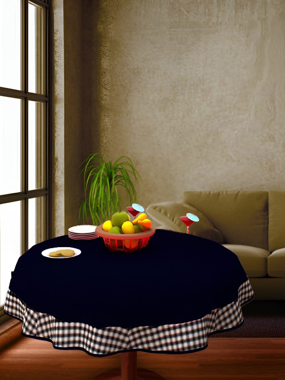 Home Heart Navy Blue Cotton Round 2-Seater Table Cover with Patchwork details