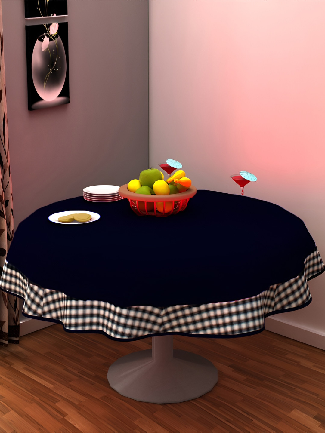 Home Heart Navy Blue & White Cotton Patchwork Round Table Cover