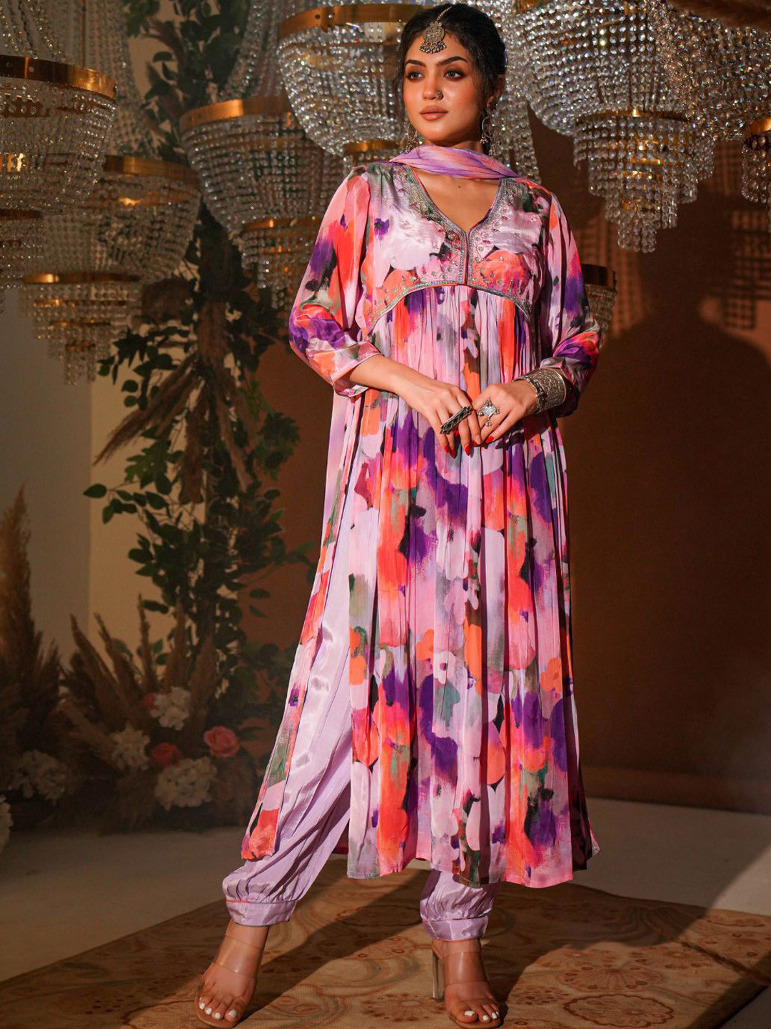 Zolo Label Floral Printed Empire Beads & Stone Muslin Cotton Kurta With Salwar & Dupatta