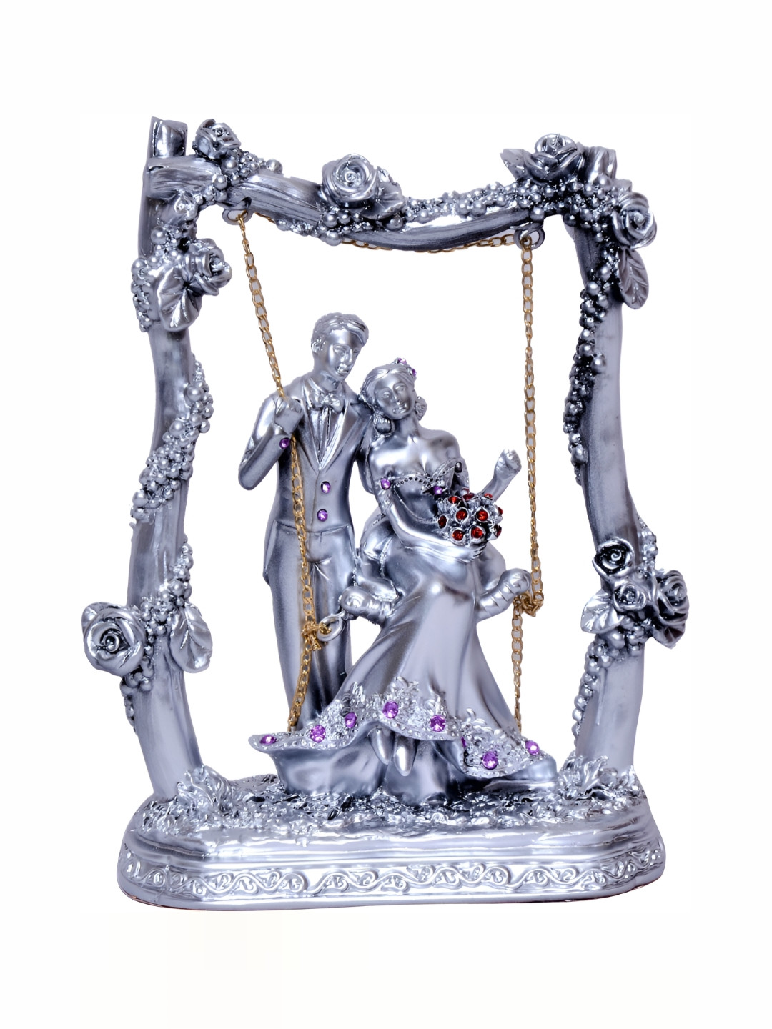 Sigaram Swing with Romantic Couple Silver Polyresin Natural Bedroom Medium Showpiece - 7.9 Inches