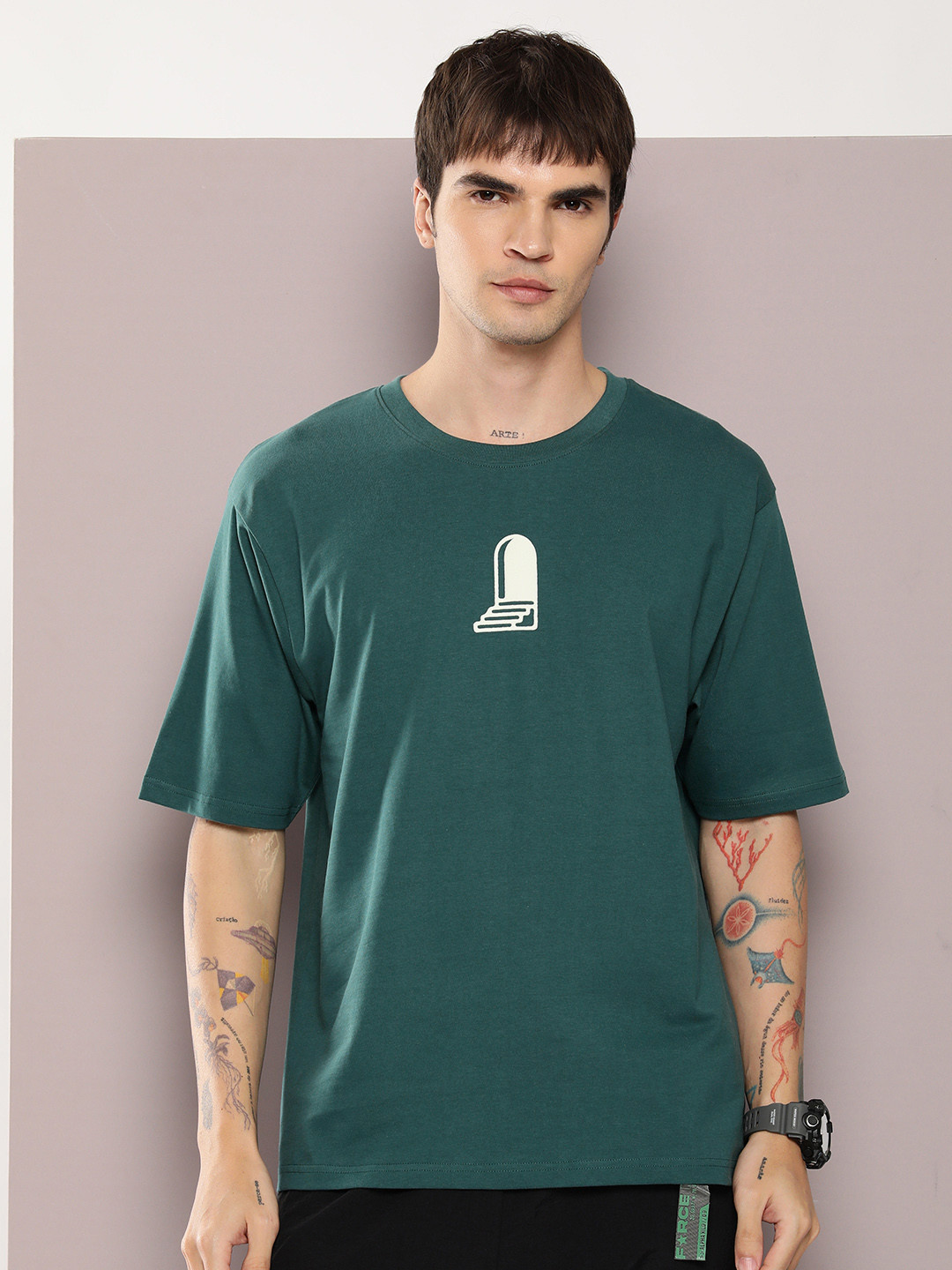 Teal Green Graphic Printed Oversized Cotton T-shirt