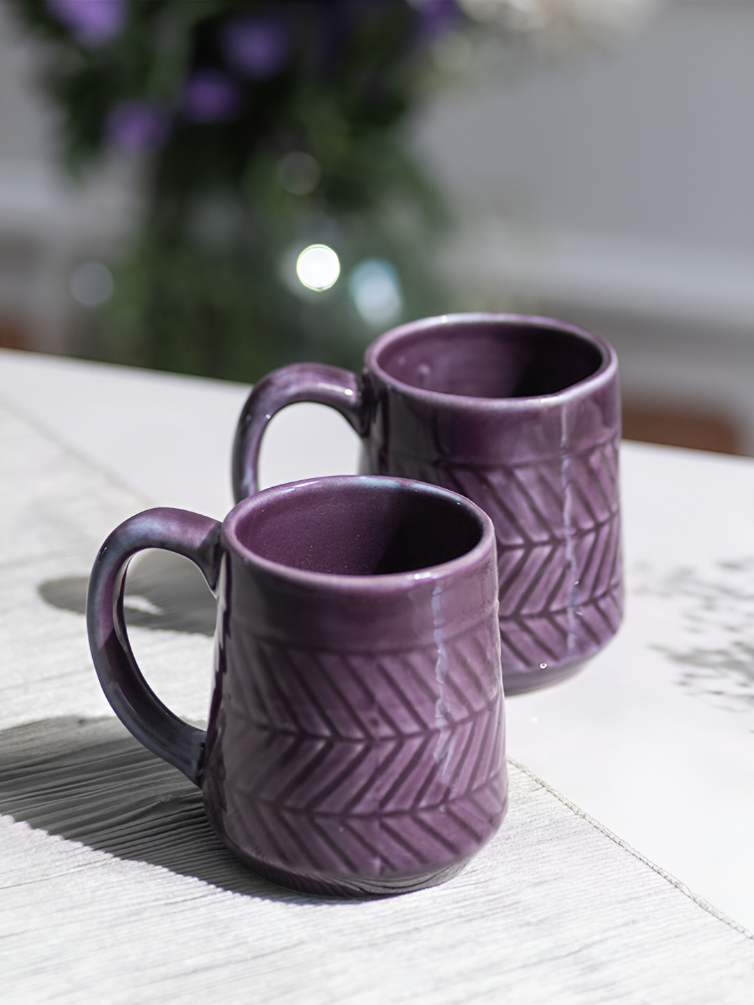 ARAVALII Teddy Bear Purple Textured Ceramic Handmade 6 Piece Mugs-250ml