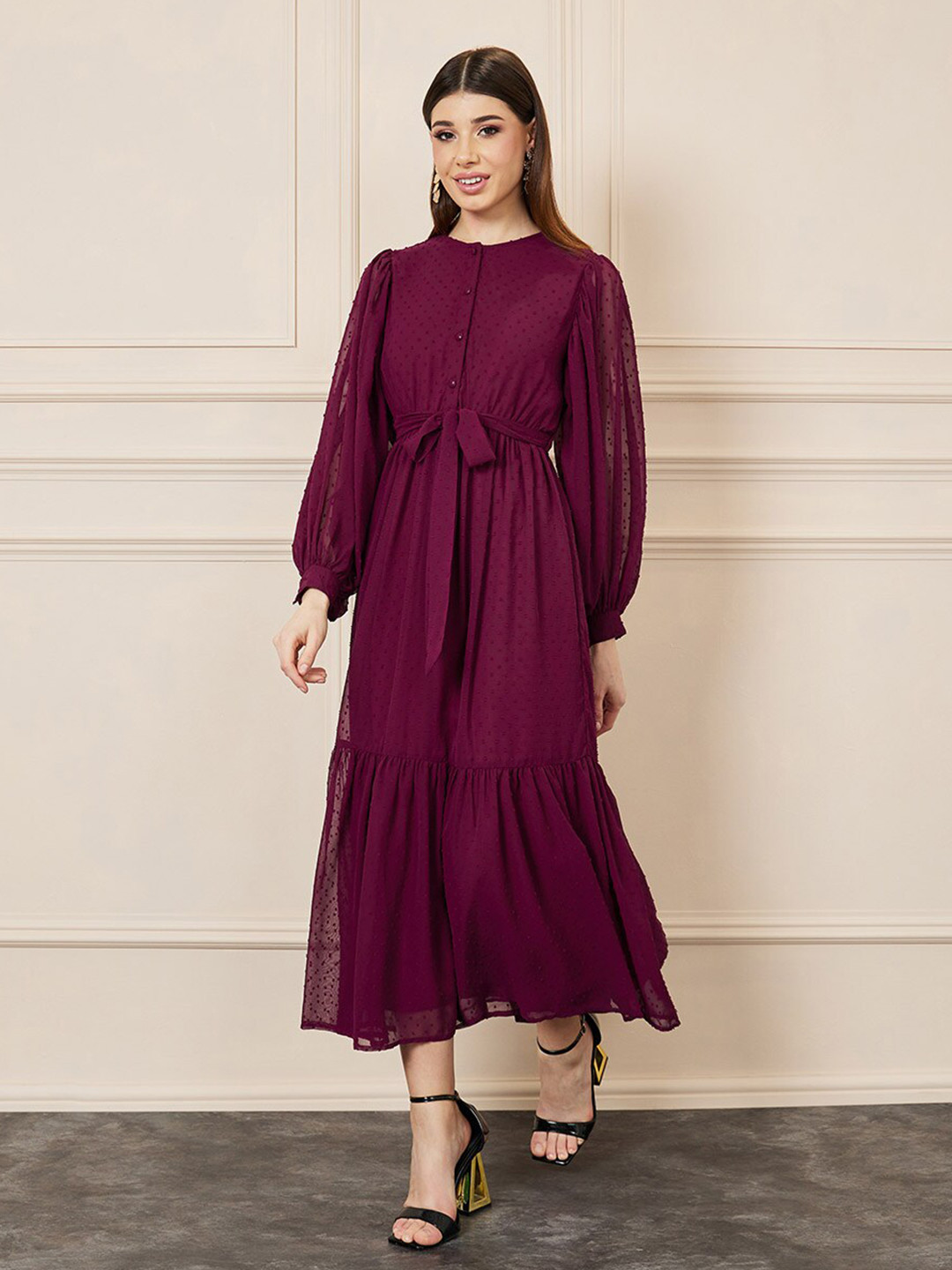 Styli Women's Burgundy Puff Sleeve A-Line Maxi Dress
