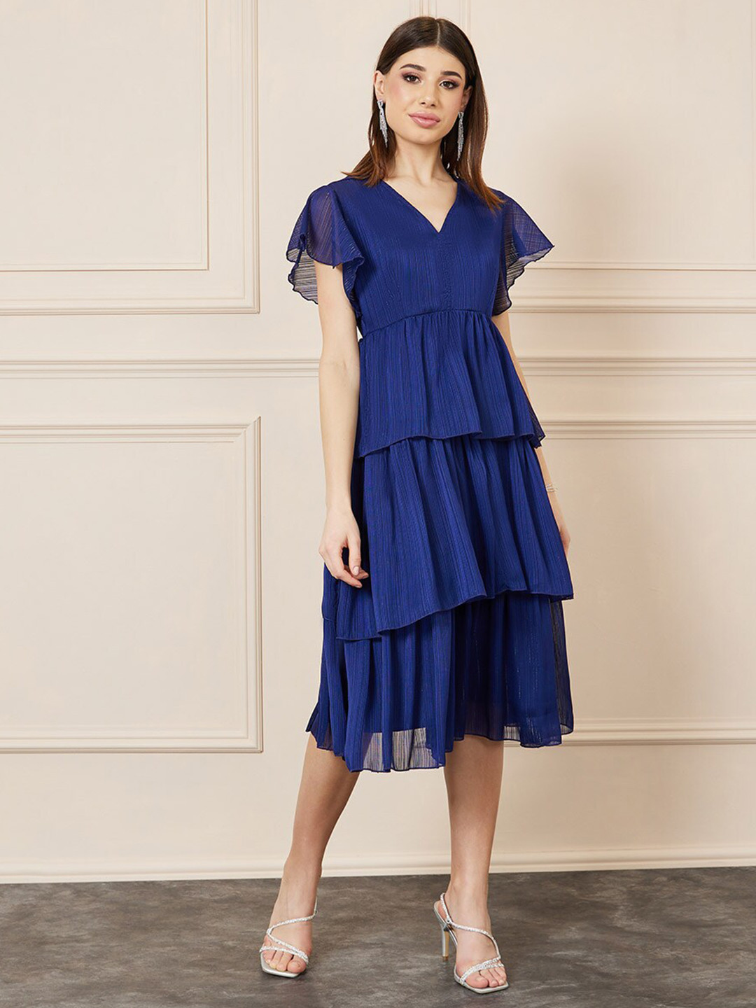 Styli Tiered Midi Dress with Flutter Sleeves