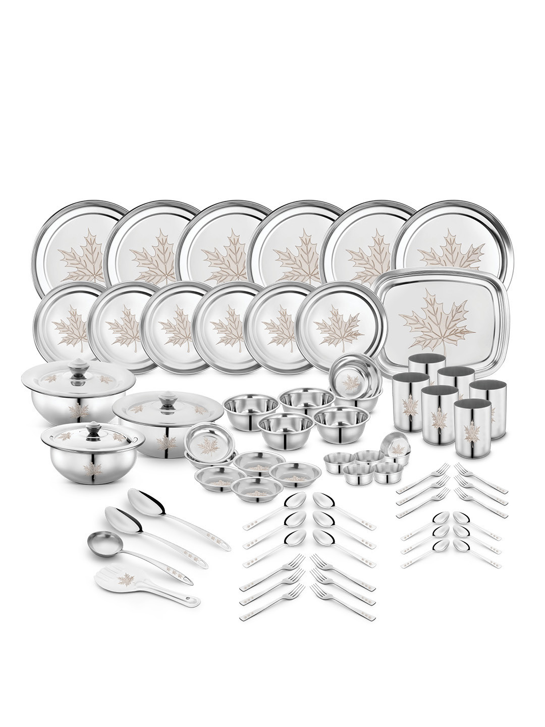 Classic Essentials Maple Laser Design Silver Floral Stainless Steel Easy to Clean 68 Piece Dinner Set