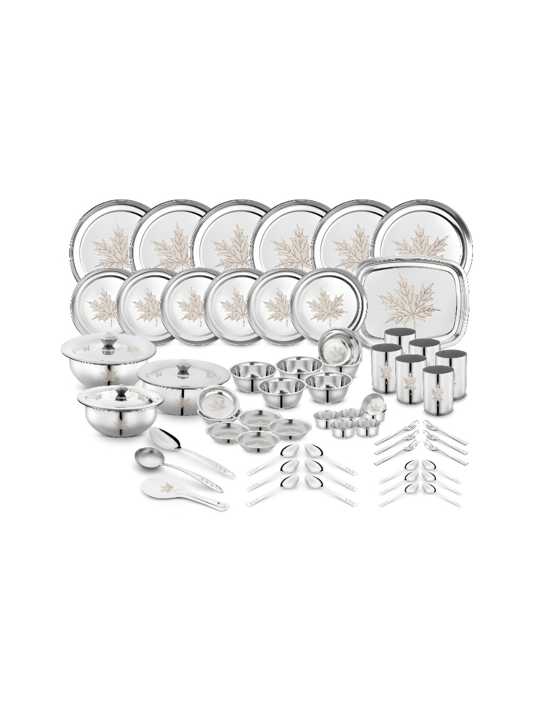 Classic Essentials Maple Laser Design Silver Floral Stainless Steel Easy to Clean 61 Piece Dinner Set