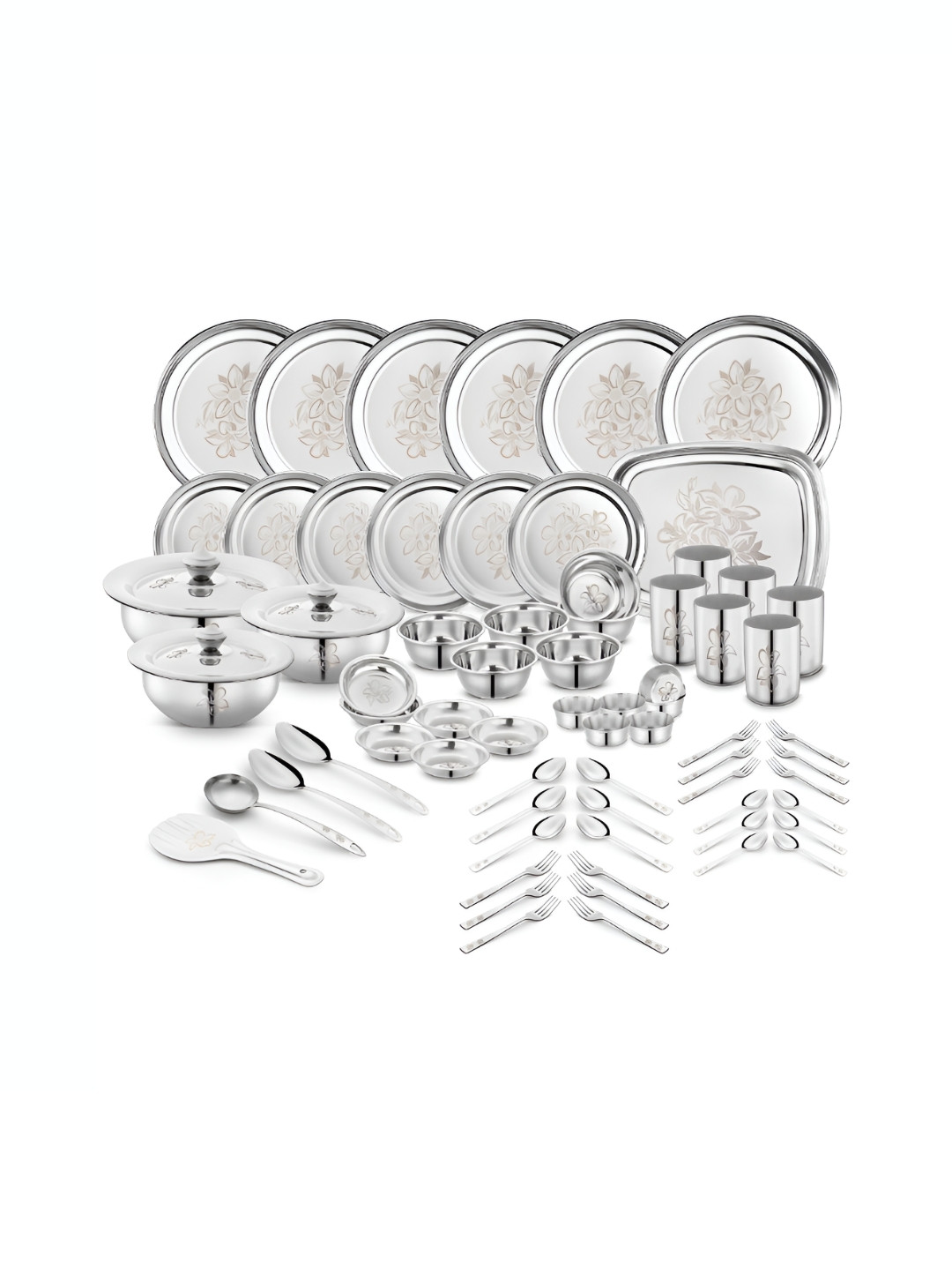 Classic Essentials Glory Laser Design Silver Floral Stainless Steel Dishwasher Safe 68 Piece Dinner Set