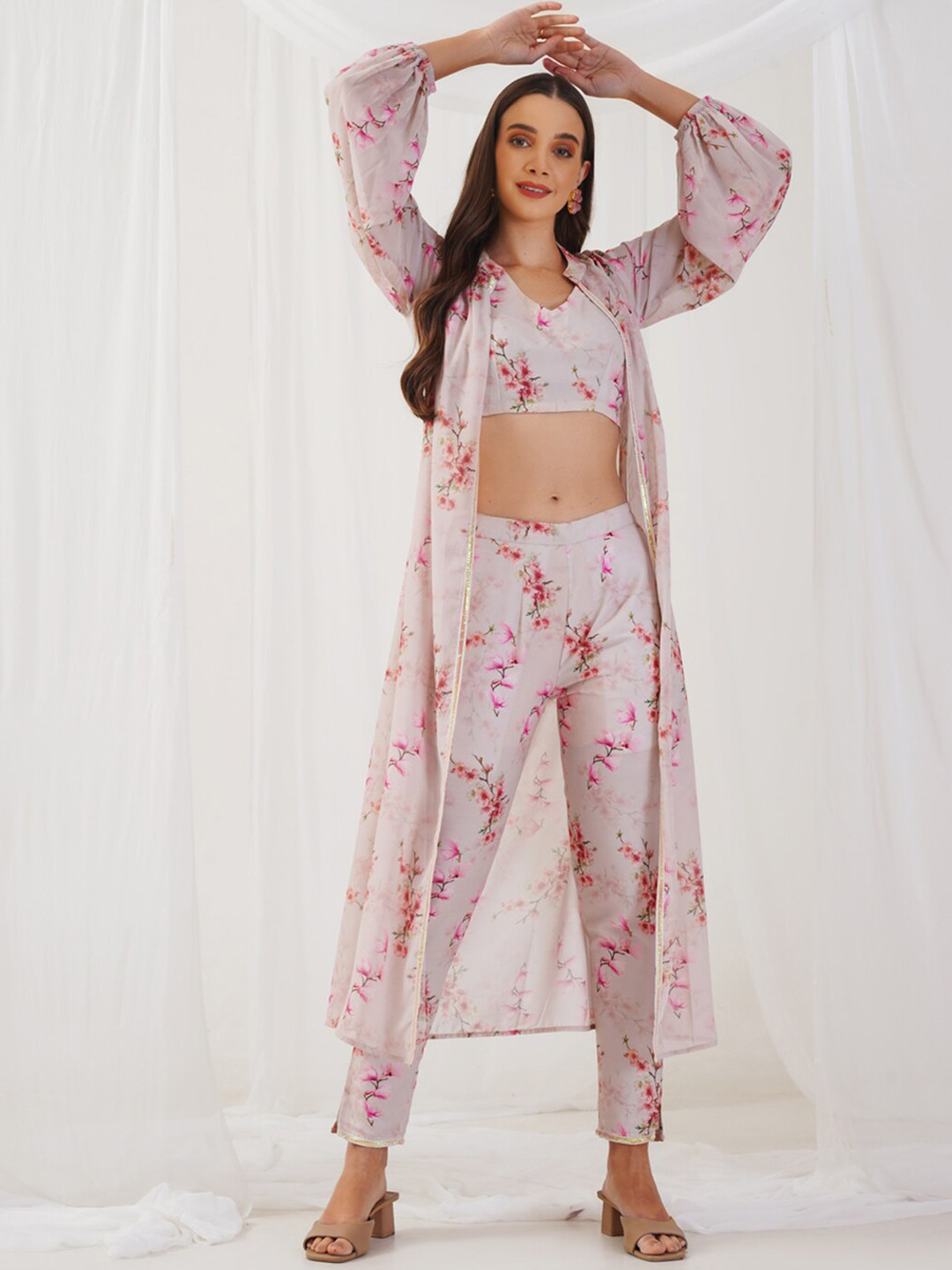 Jompers Printed V-Neck Top, Front Opean Shrug with Mid-Rise Trouser Co-Ords