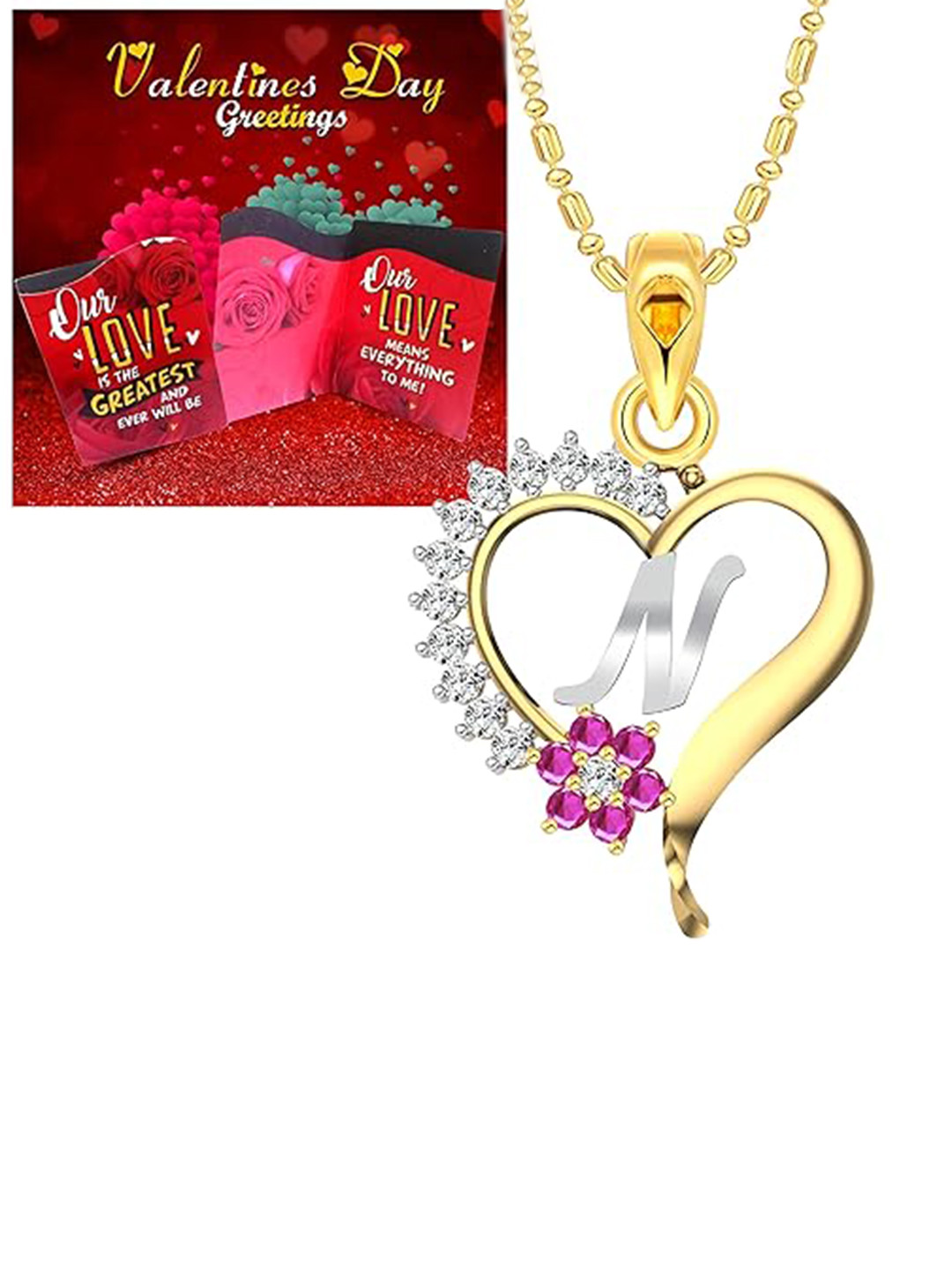 Vighnaharta Gold-Plated & Red Printed Card With N-Letter Pendant