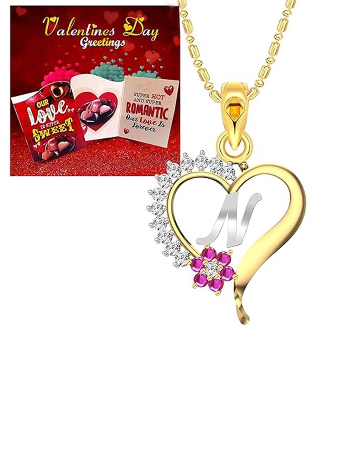 Vighnaharta Gold-Plated & Red Printed Card With N-Letter Pendant