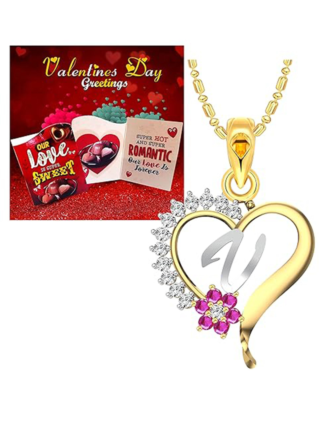 Vighnaharta 1 Piece Red Printed Card With 1 Gold-Plated V-Letter Pendant