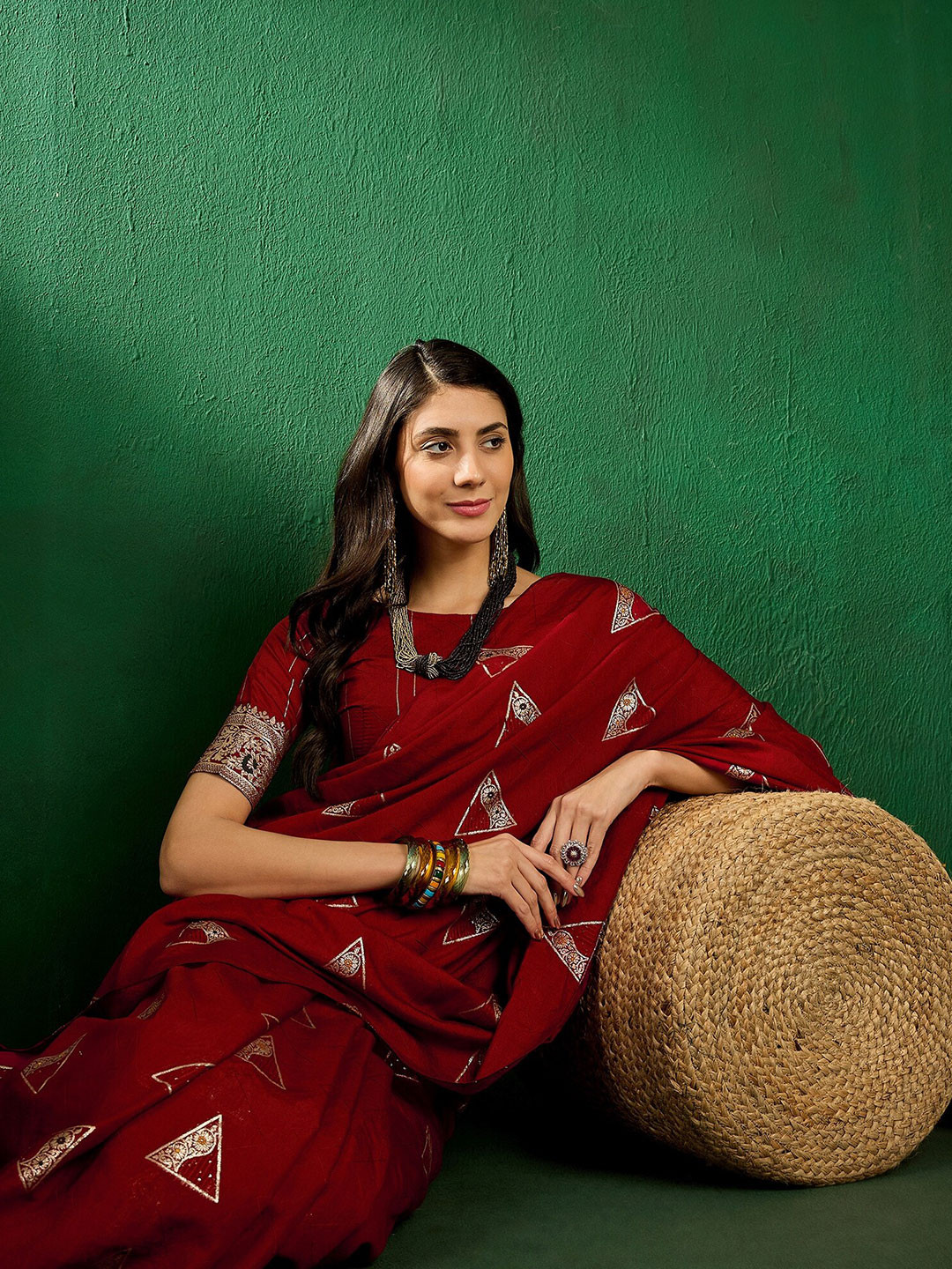 Sangria Red Geometric Woven Designed Zari Sarees