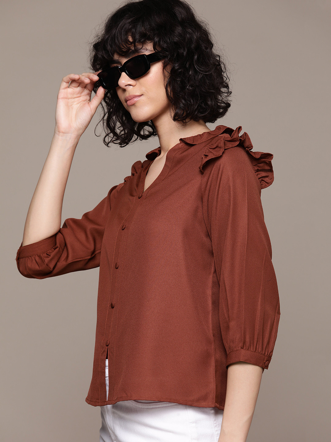 The Roadster Lifestyle Co. Ruffled Mandarin Collar Shirt Style Top
