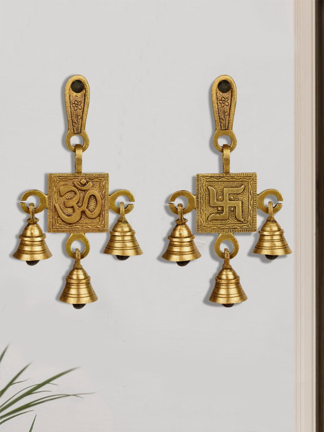 StyleMyWay Gold -Toned 2 Pieces Pure Brass Om Swastik Hanging Bells