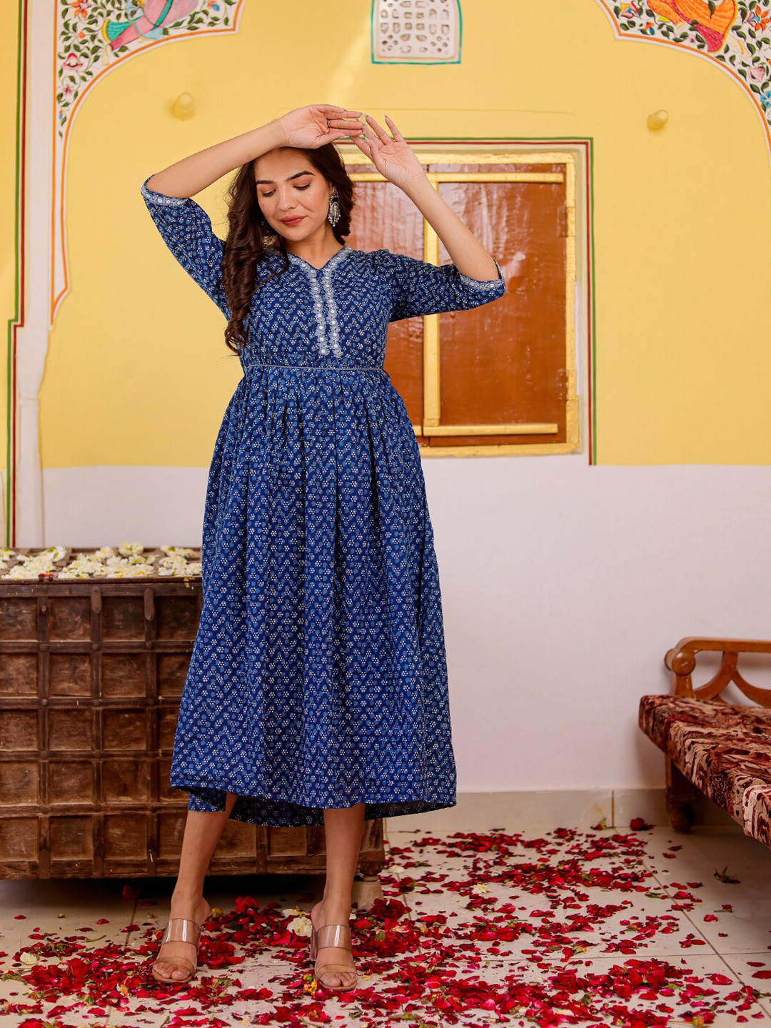 VASVI Floral Printed Gathered Thread Work Cotton Cambric Fit & Flare Midi Ethnic Dress