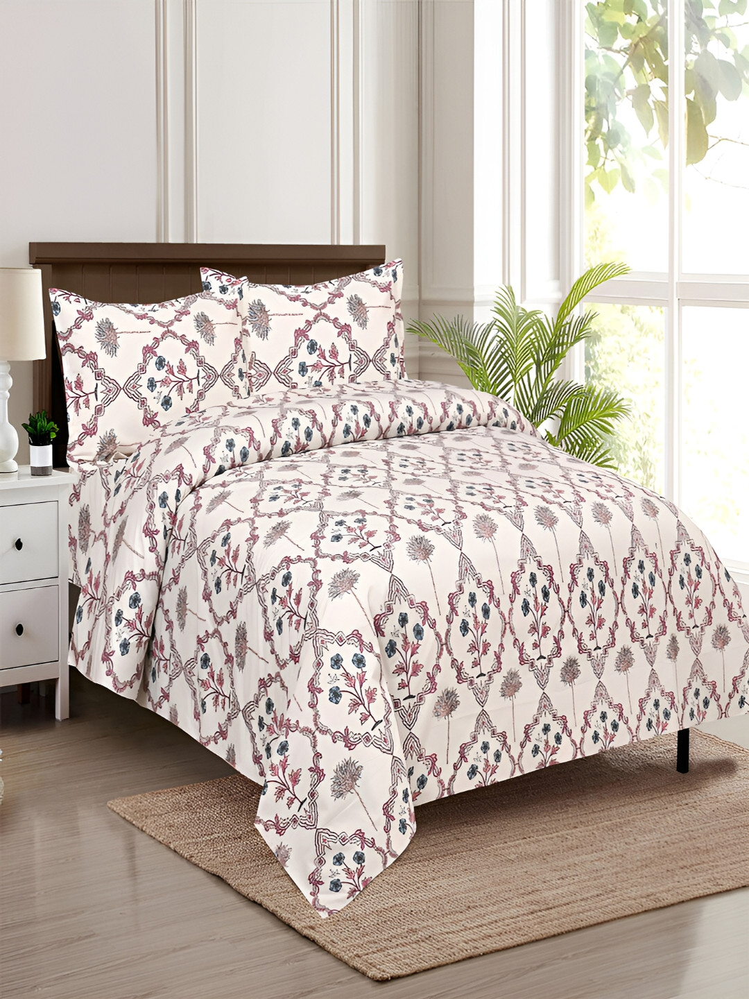 Kuber Industries Pink & White 4 Pcs Ethnic Motifs Cotton AC Room 150 GSM Double Bed Dohar