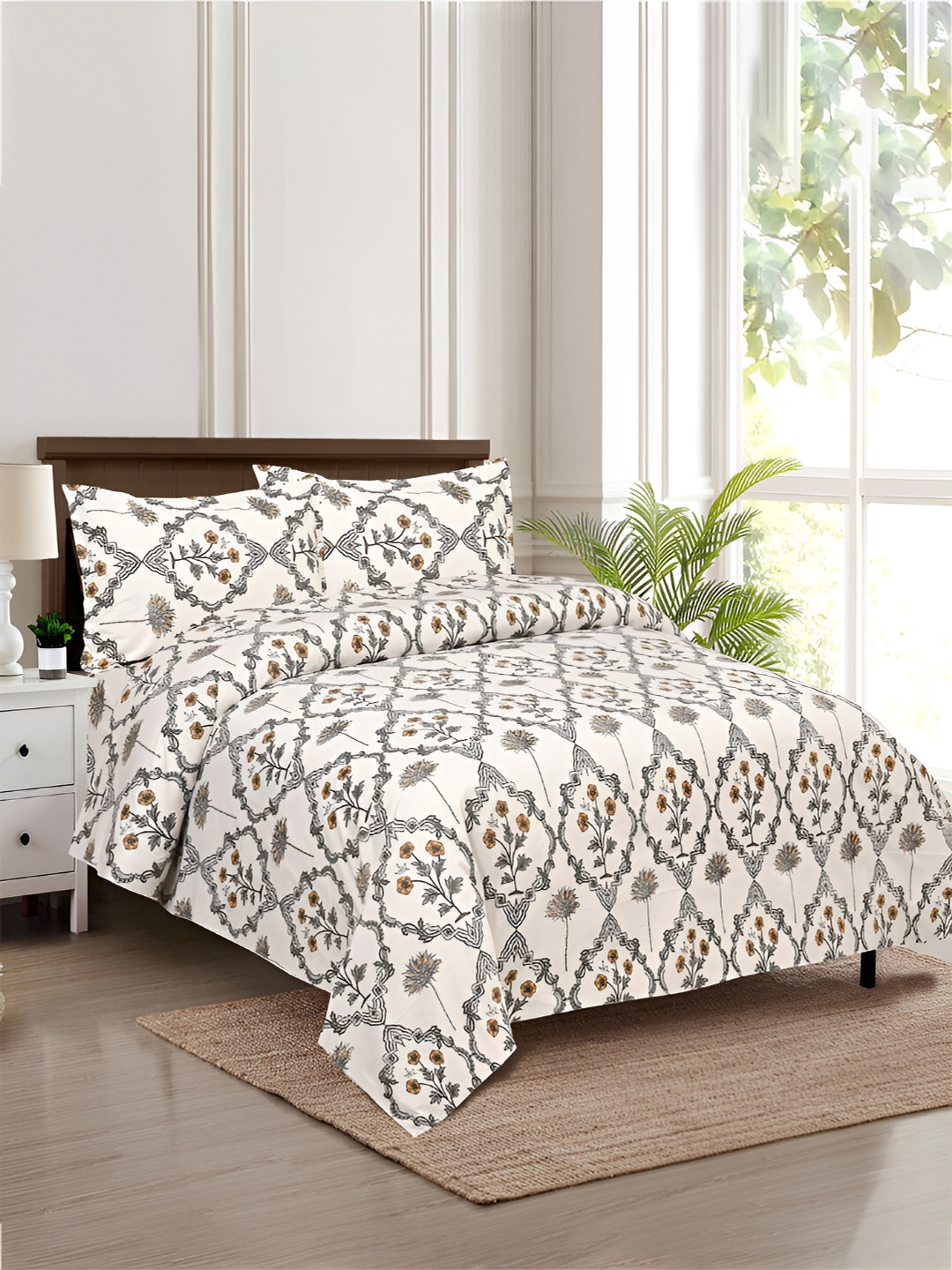 Kuber Industries Grey & White 4 Pcs Cotton Ethnic Motifs AC Room 150 GSM Double Bed Dohar