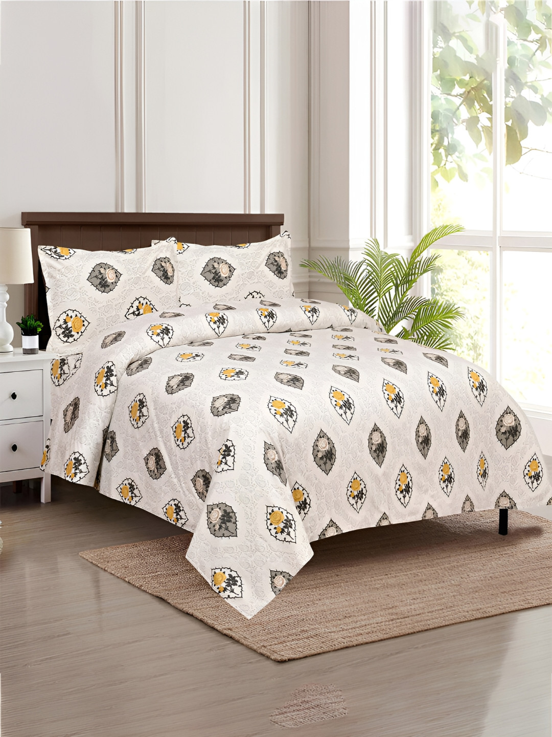 Kuber Industries White & Yellow 4 Pcs Cotton Floral AC Room 150 GSM Double Bed Dohar