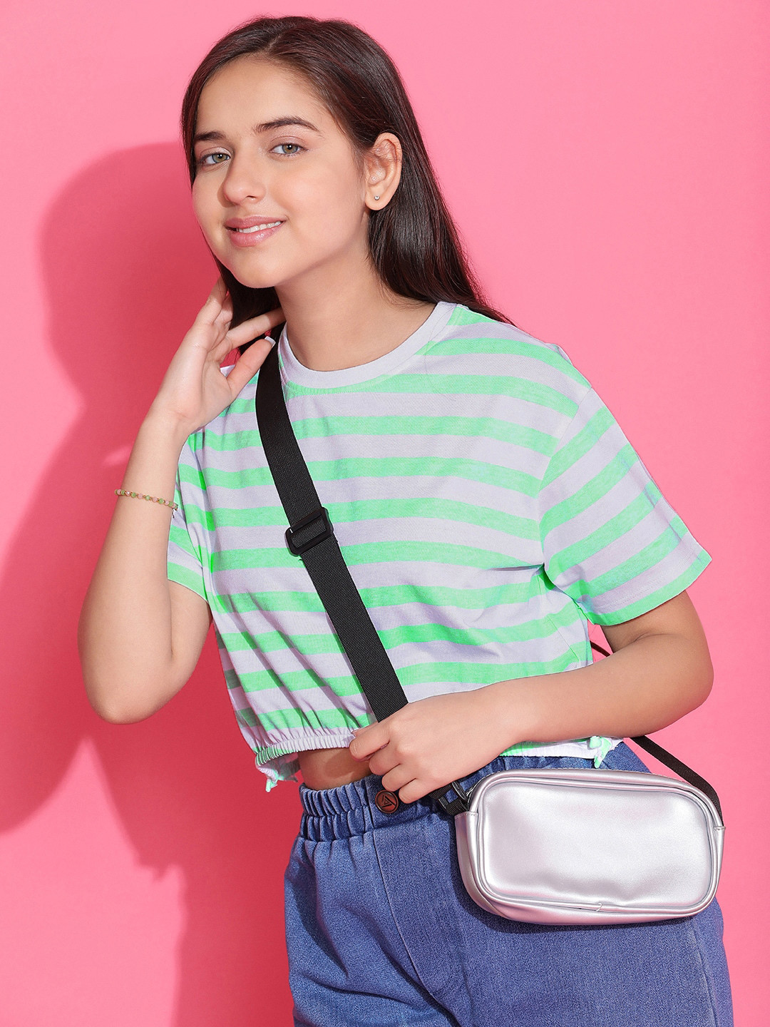 Lil Tomatoes Ltgreen Striped Extended Sleeves Top