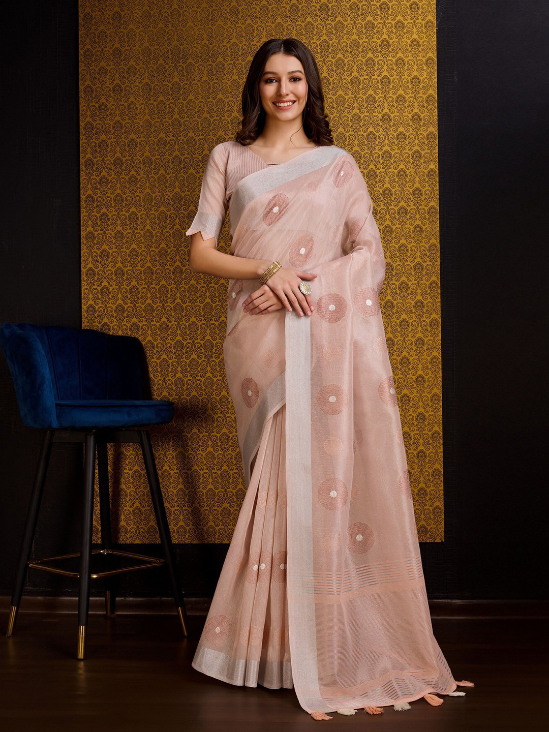 Mitera Peach Coloured Geometric Embroidered Linen & Silk Saree