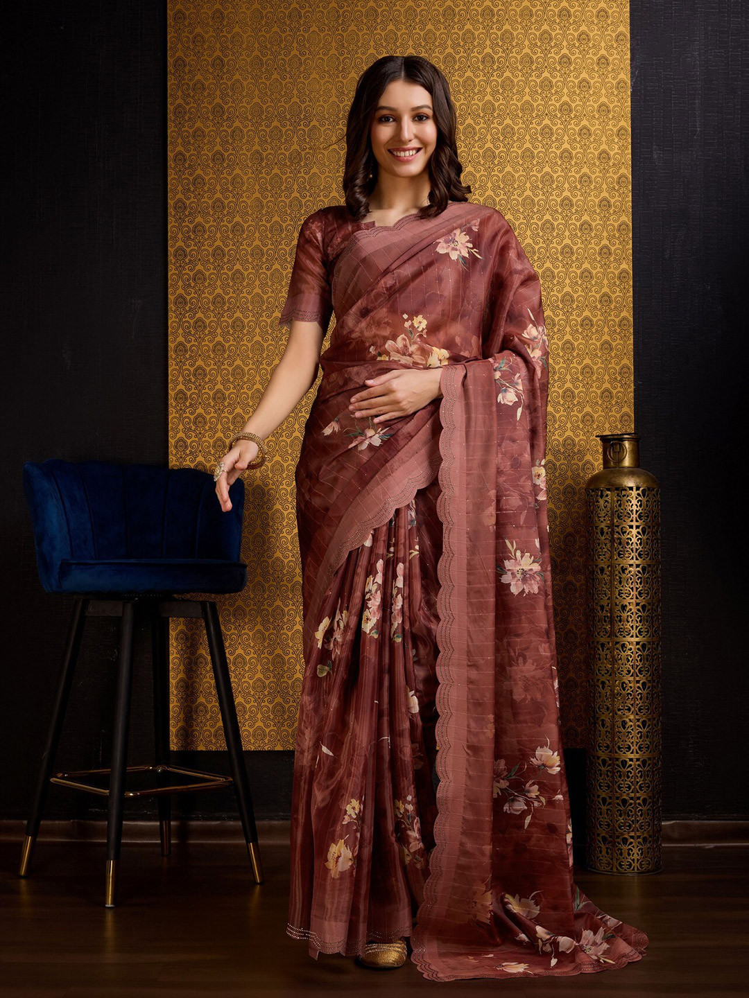 Mitera Rust Floral Printed Organza Saree