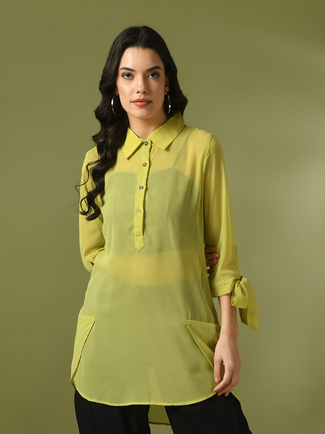 HERE&NOW Roll-Up Sleeves Sheer Georgette Shirt Style Top