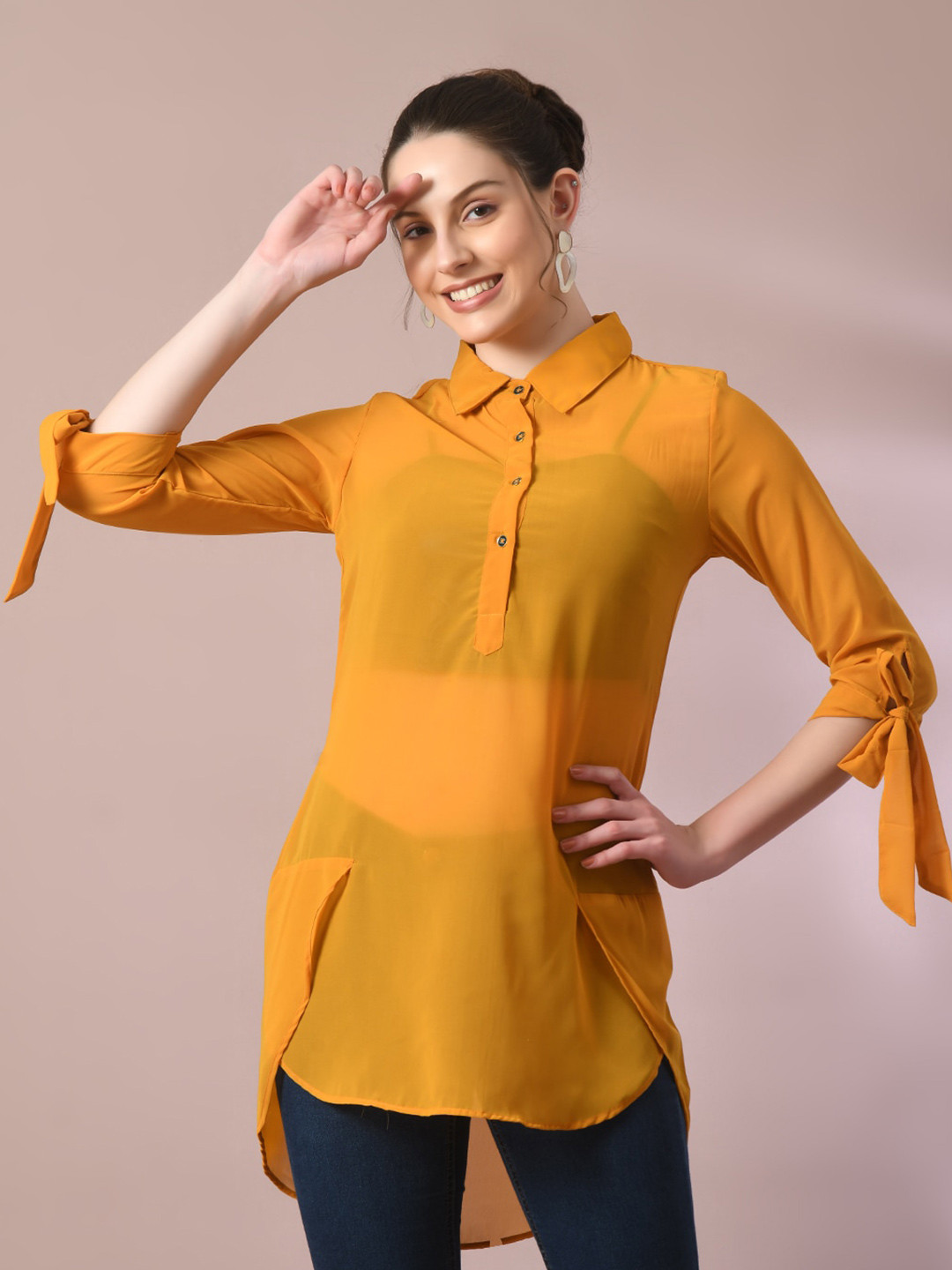HERE&NOW Roll-Up Sleeves Sheer Georgette Shirt Style Top
