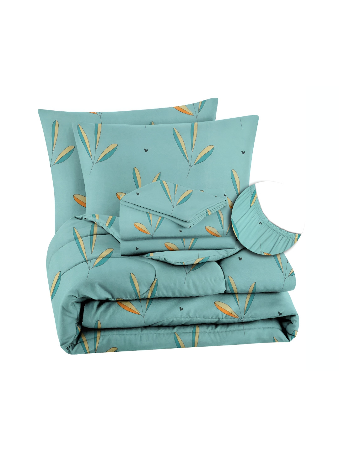 bsb home Green & Orange Self Design Other 4 Piece Double Queen Superfine Bedding Set