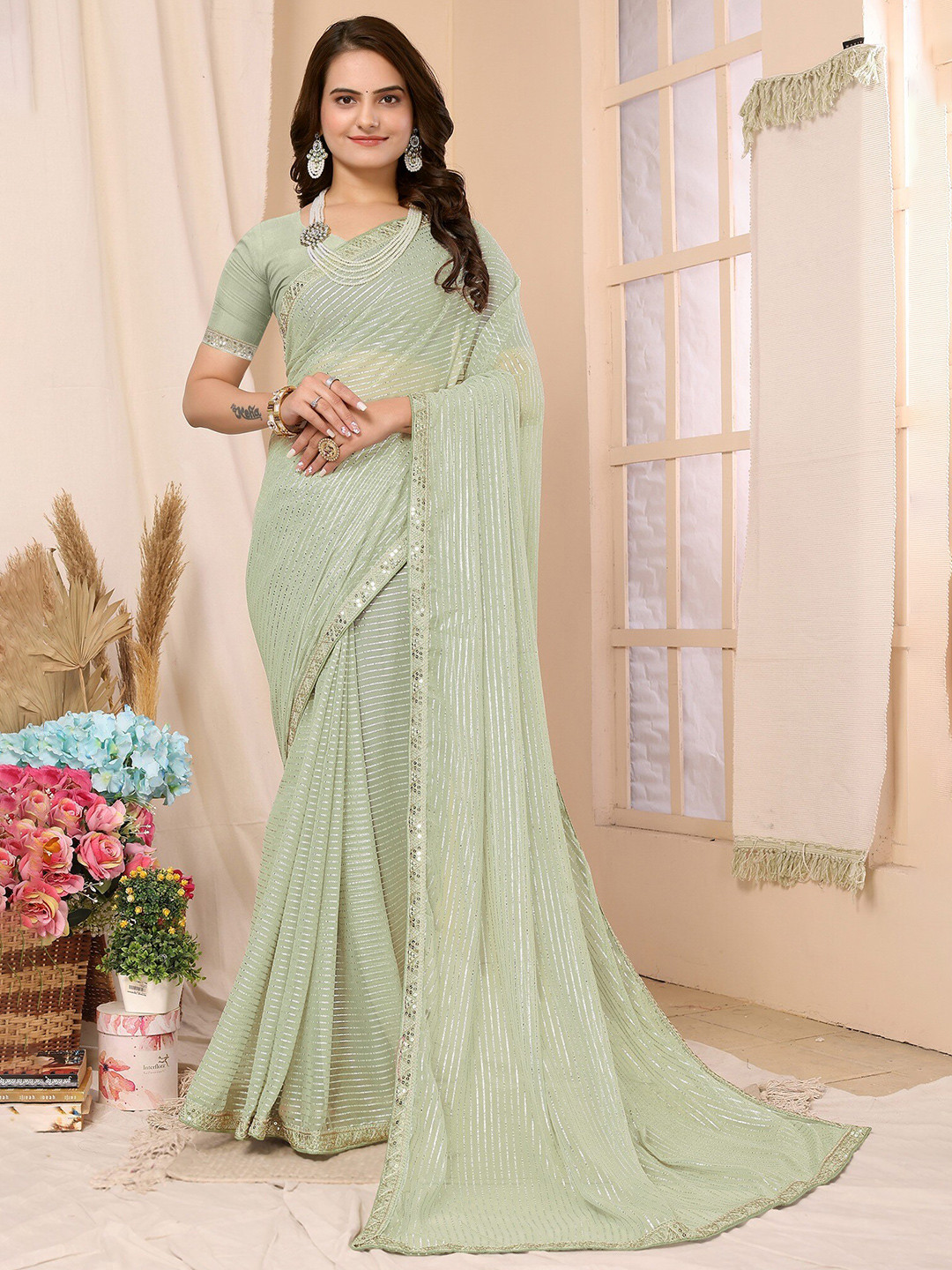 FABMORA Striped Sequin Embellished Saree