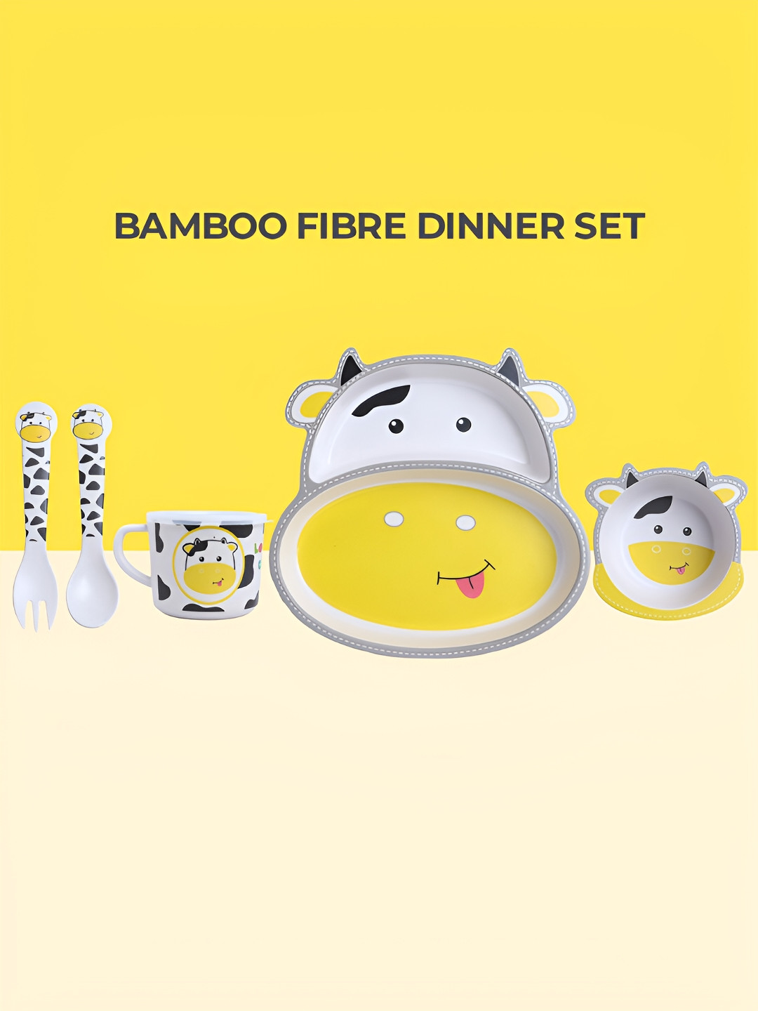 Polka Tots Eco Friendly Yellow Animal Print Bamboo fiber Easy to Clean 5 Piece Dinner Set
