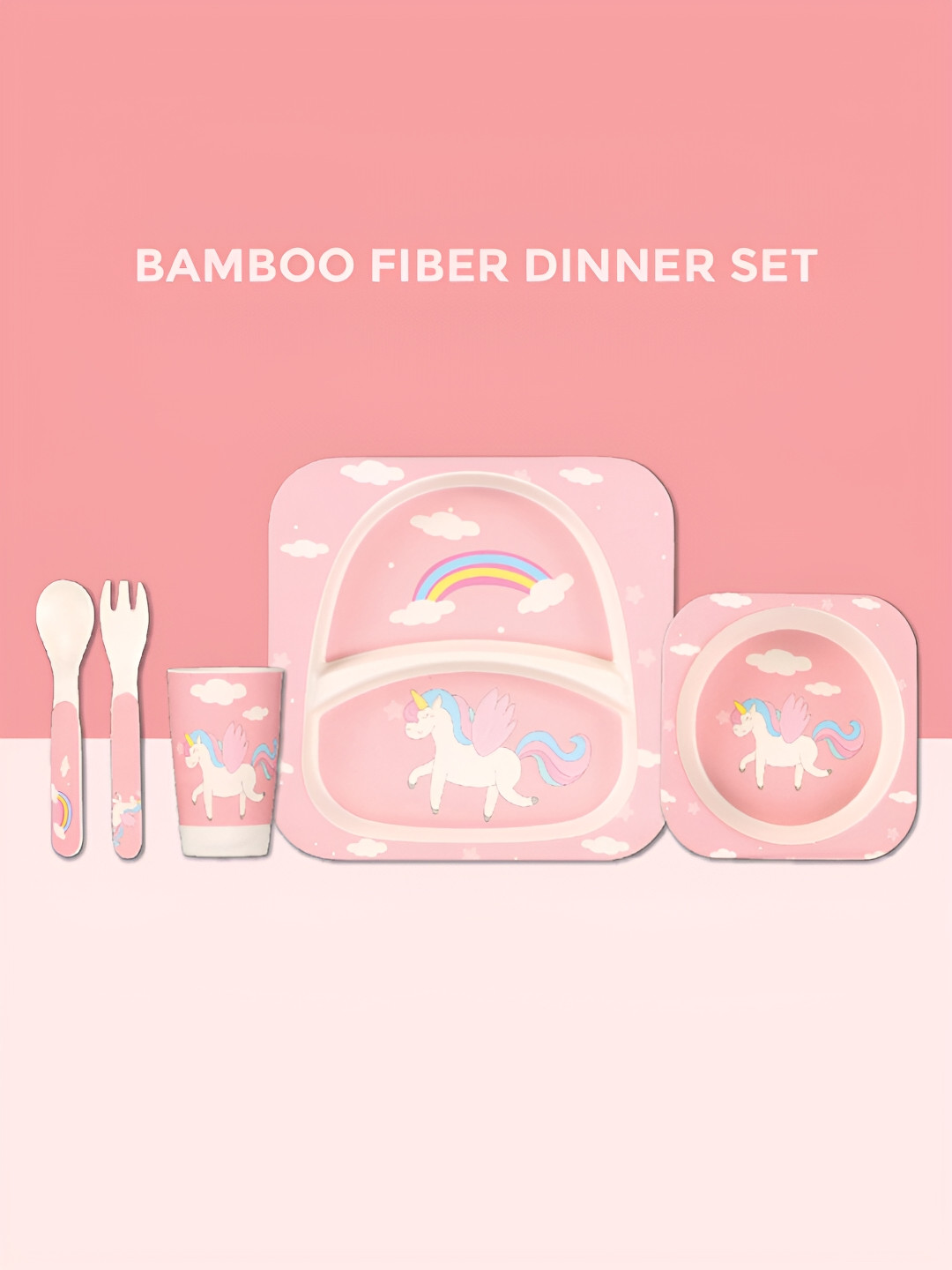 Polka Tots Peach & White 5Pcs Printed Bamboo Matte Dinner Set