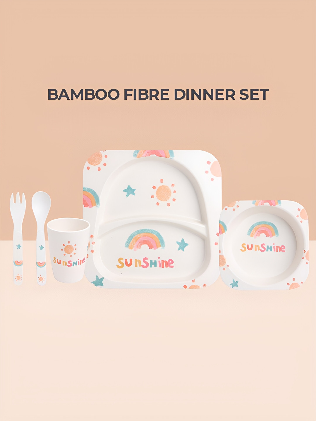 Polka Tots Eco Friendly Bamboo Fiber White Graphic 5 Piece Dinner Set