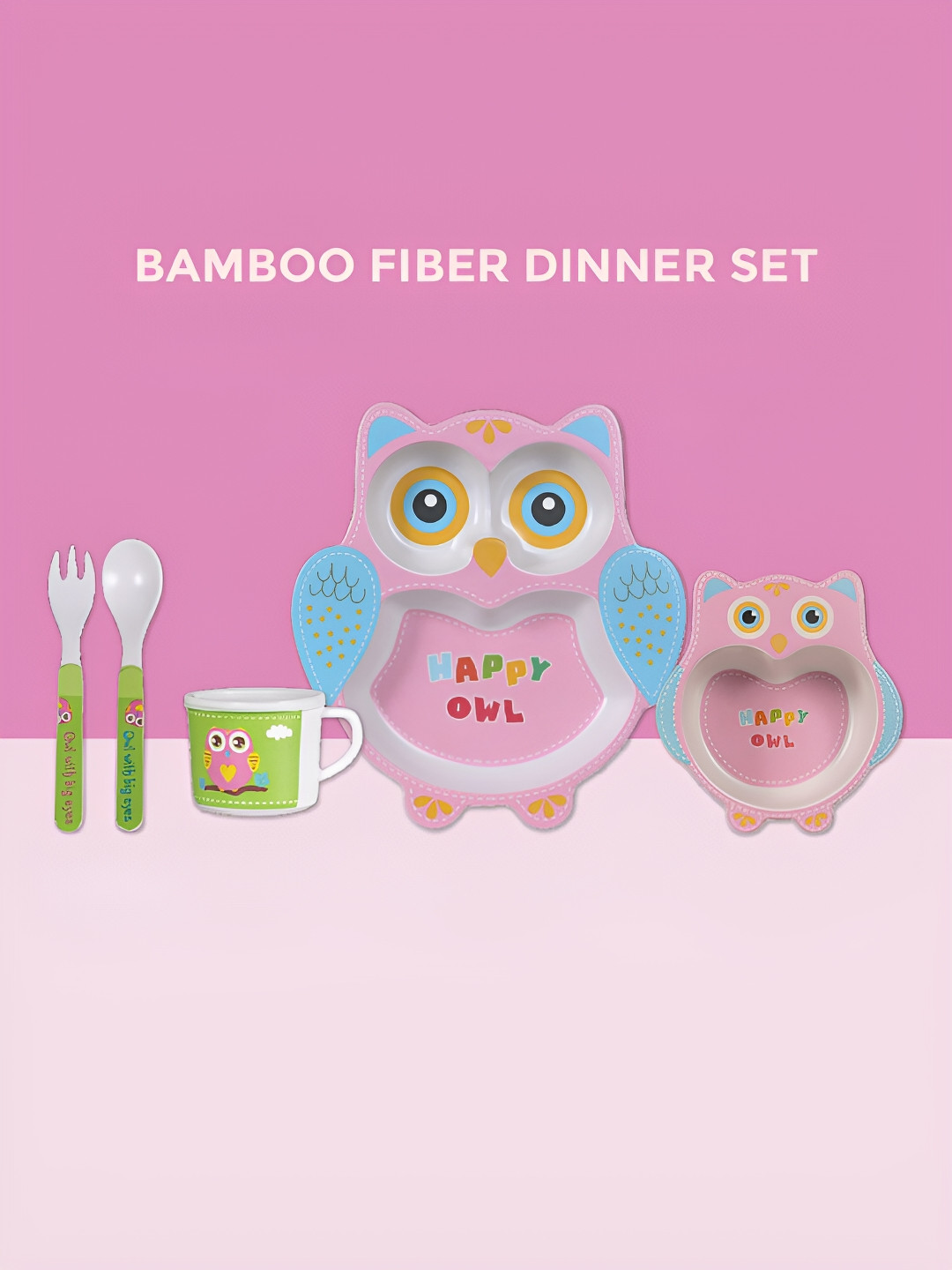 Polka Tots Eco Friendly Pink Cartoon Characters Bamboo Fiber 5 Piece Dinner Set