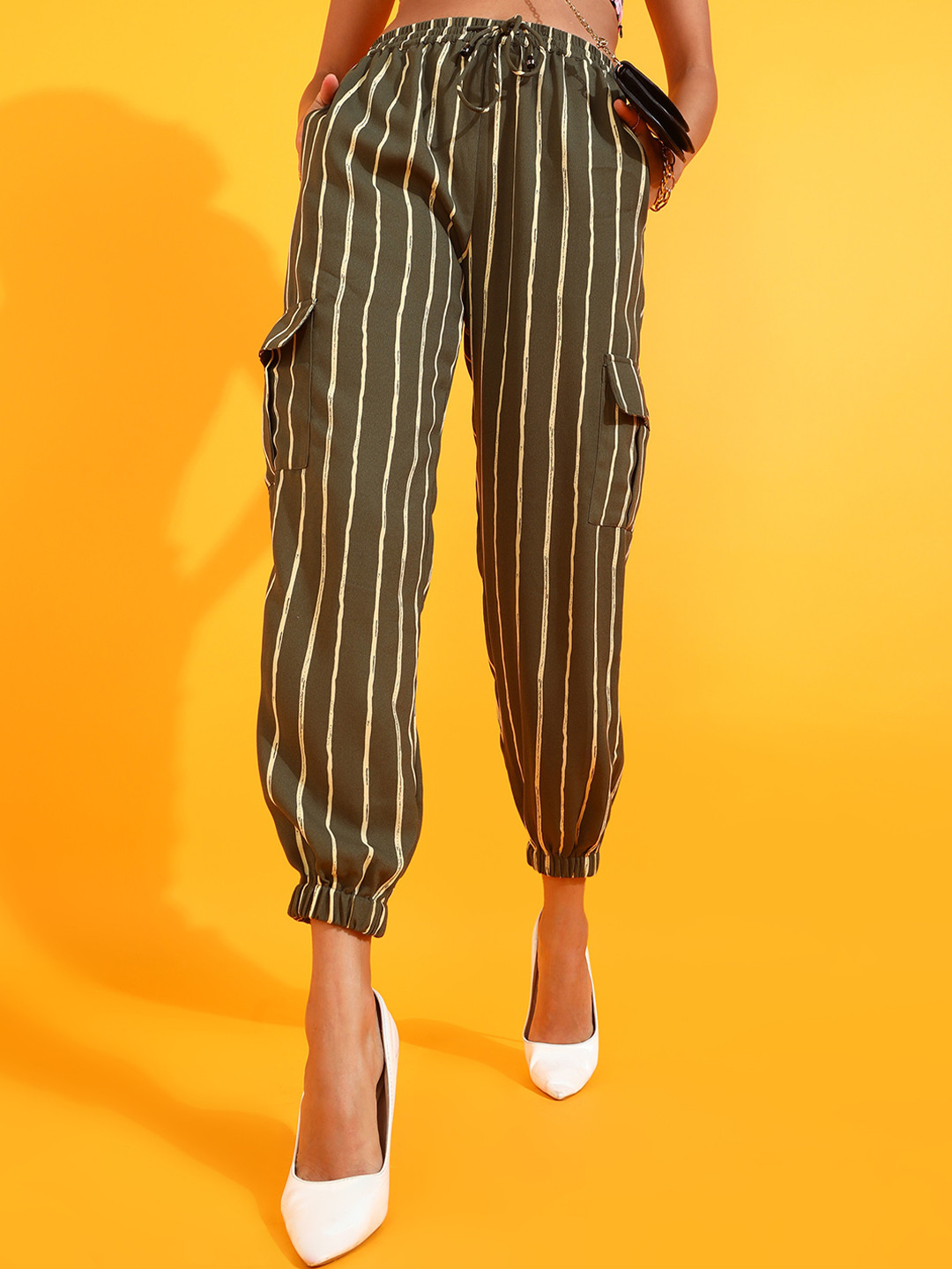 RARE Women Green Striped Loose Fit High-Rise Joggers Trousers