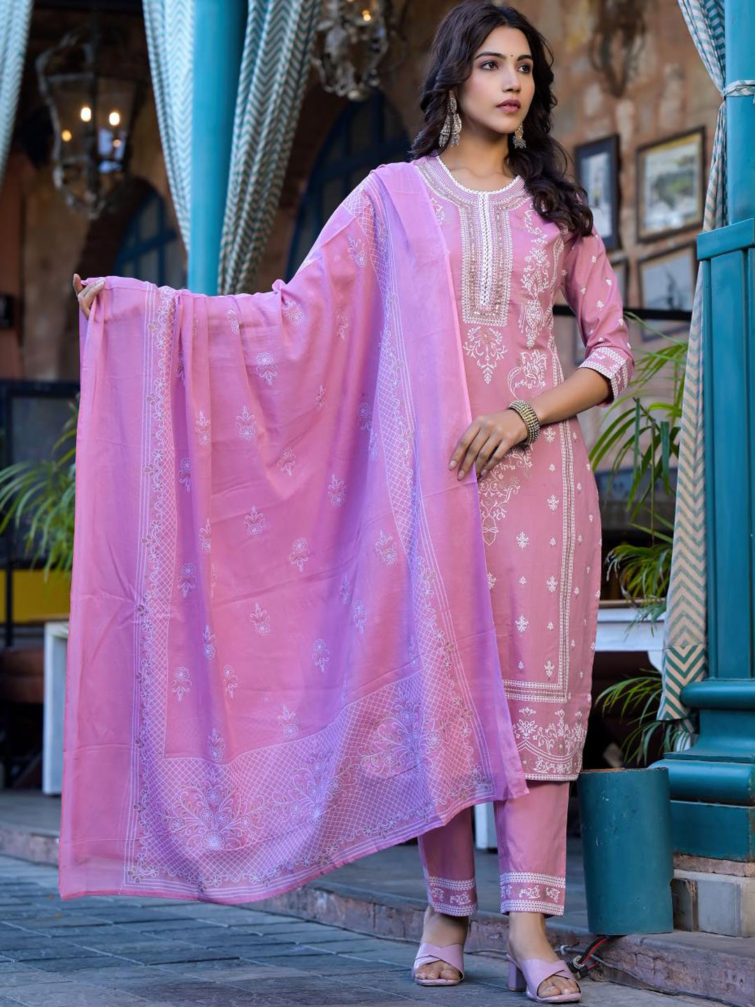 Varanga Floral Printed Regular Miirror Work Pure Cotton Kurta With Trouser & Dupatta