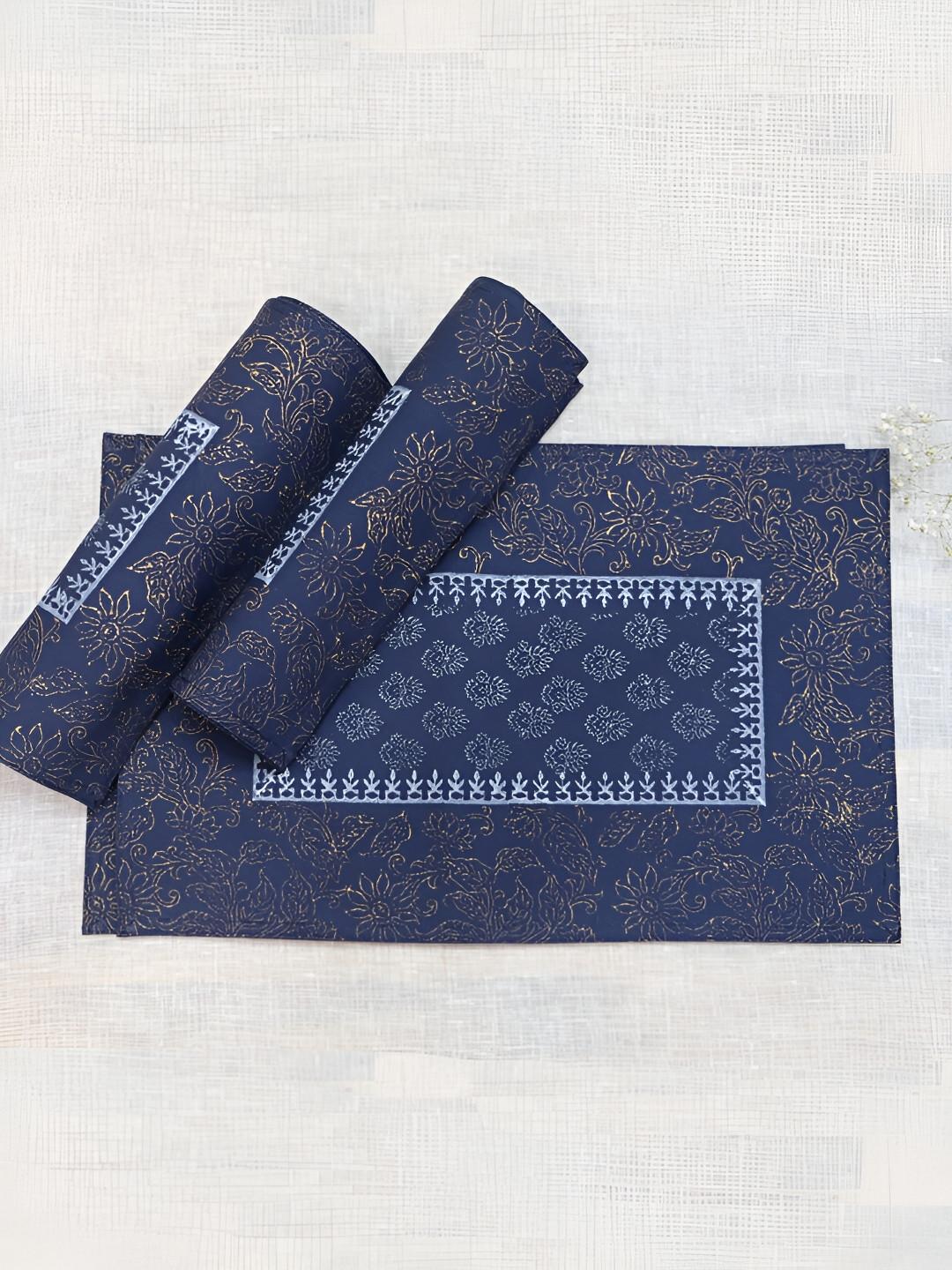 DESIGN GAATHA 6 Pieces Blue Printed Cotton Rectangular Table Placemats