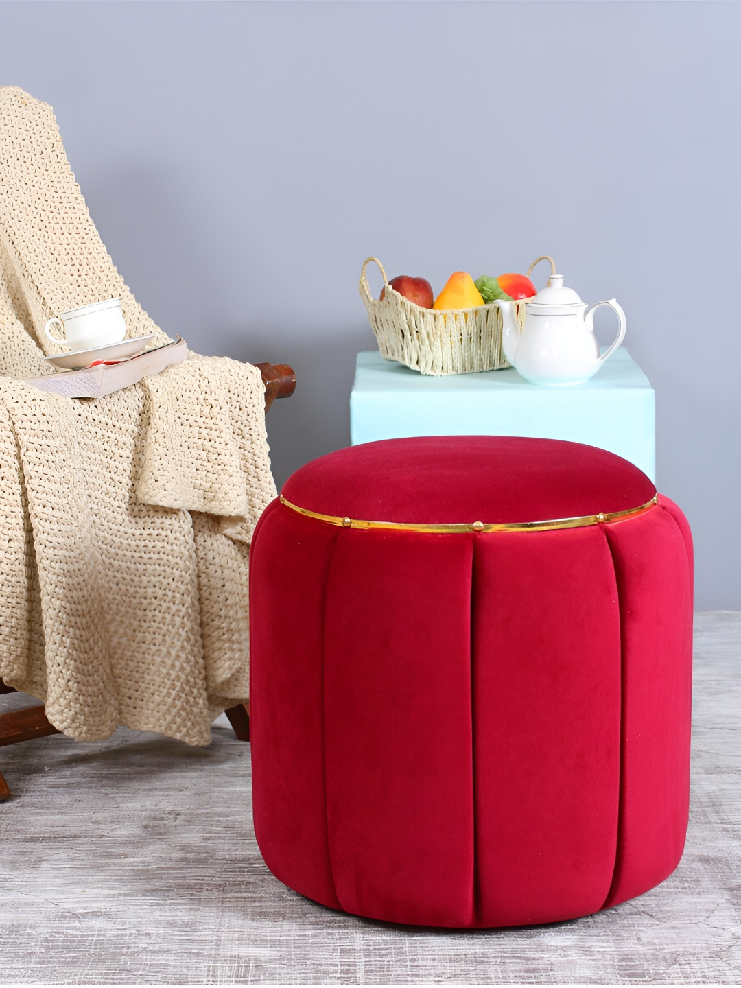 Shadowkart Red & Goold-Toned Wooden Cylindrical Ottoman