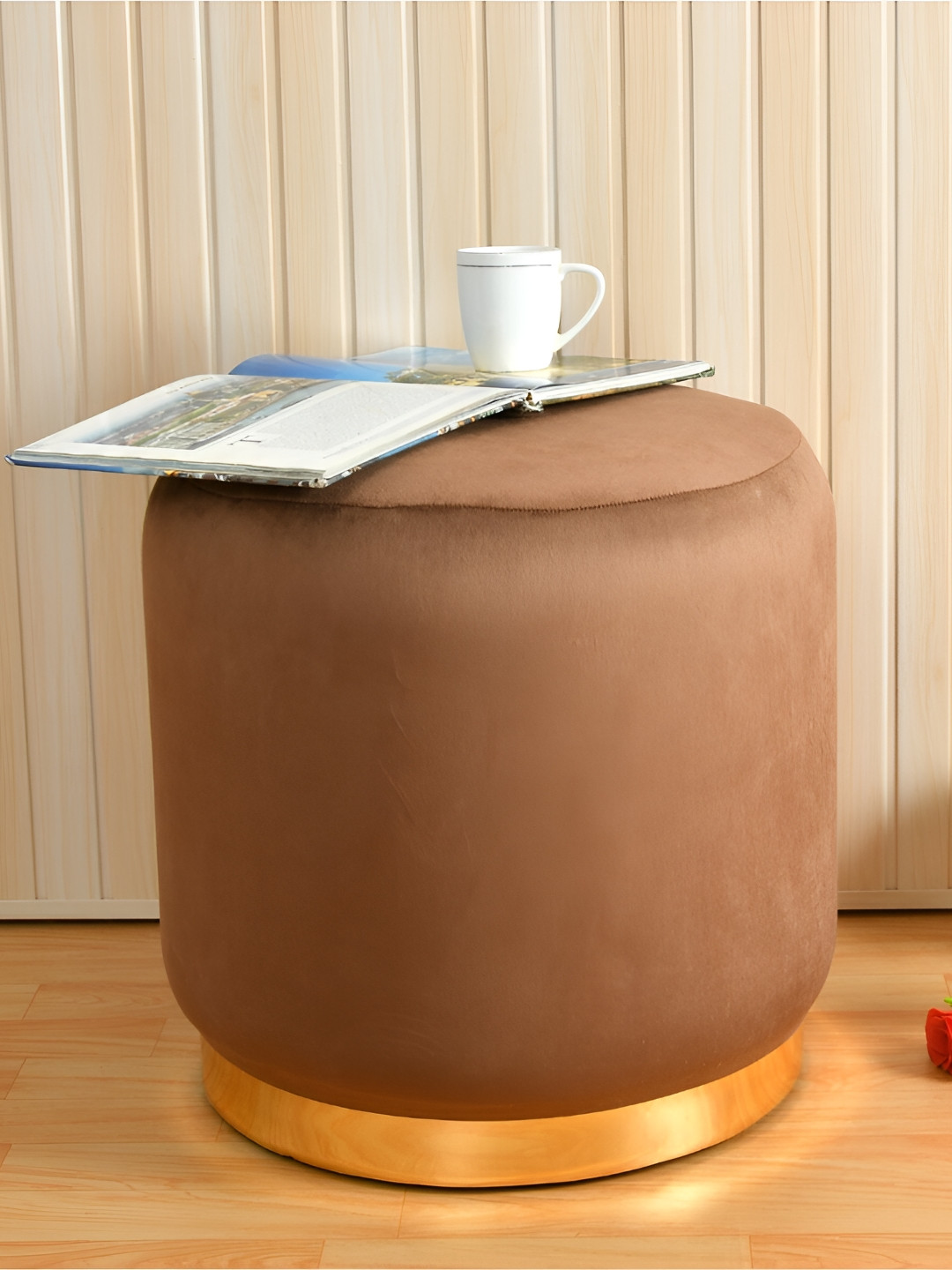 Shadowkart Brown & Yellow Pouffes Wooden Sitting Cylindrical Ottoman