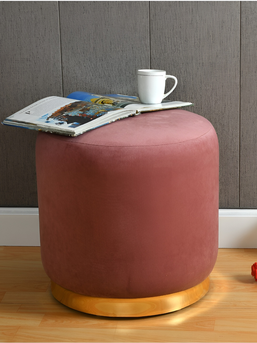 Shadowkart Pink & Gold-Toned Wooden Cylindrical Ottoman