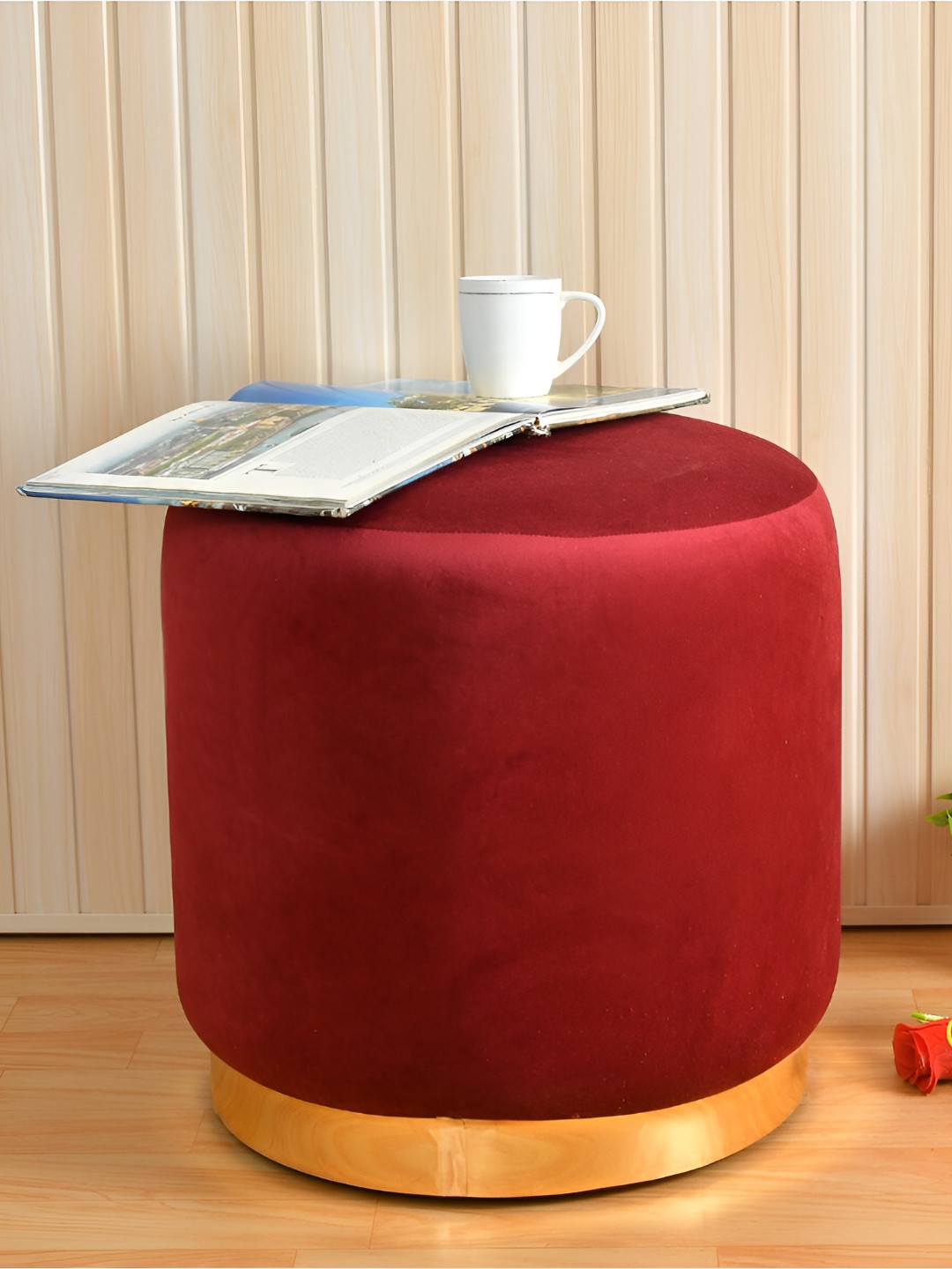 Shadowkart Red Wooden & Velvet Round Ottoman