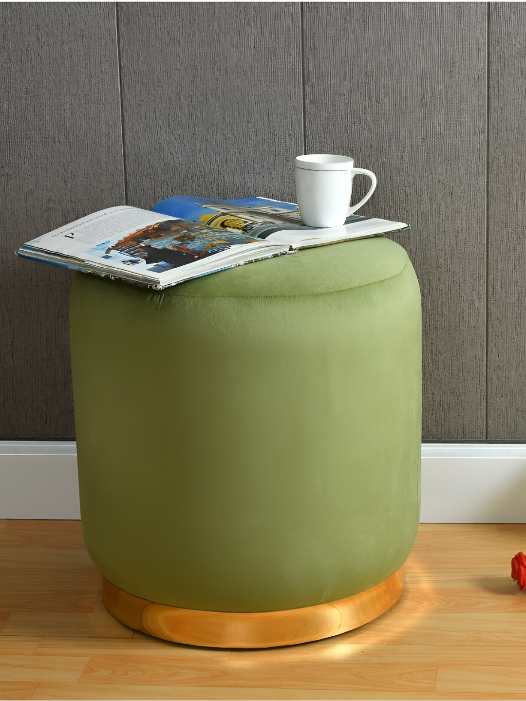 Shadowkart Green & Yellow Pouffes Wooden Sitting Mudda Cylindrical Ottoman